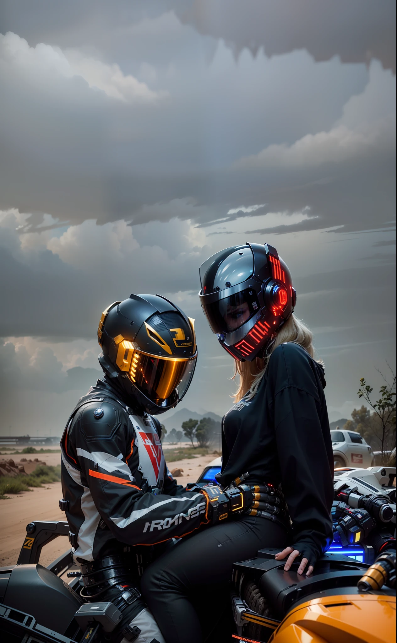 Handsome male cyber warrior on the left,Sexy Cyber Female Warrior on the right(with long blond hair),Nousr, Biomechanics, MSHN robots,High-tech helmet,ultra realisic, steel, complex design, Insanely Detailed, Fine details, Extremely sharp lines, cinematic Lighting, Photo realistic, A Detailed Masterpiece