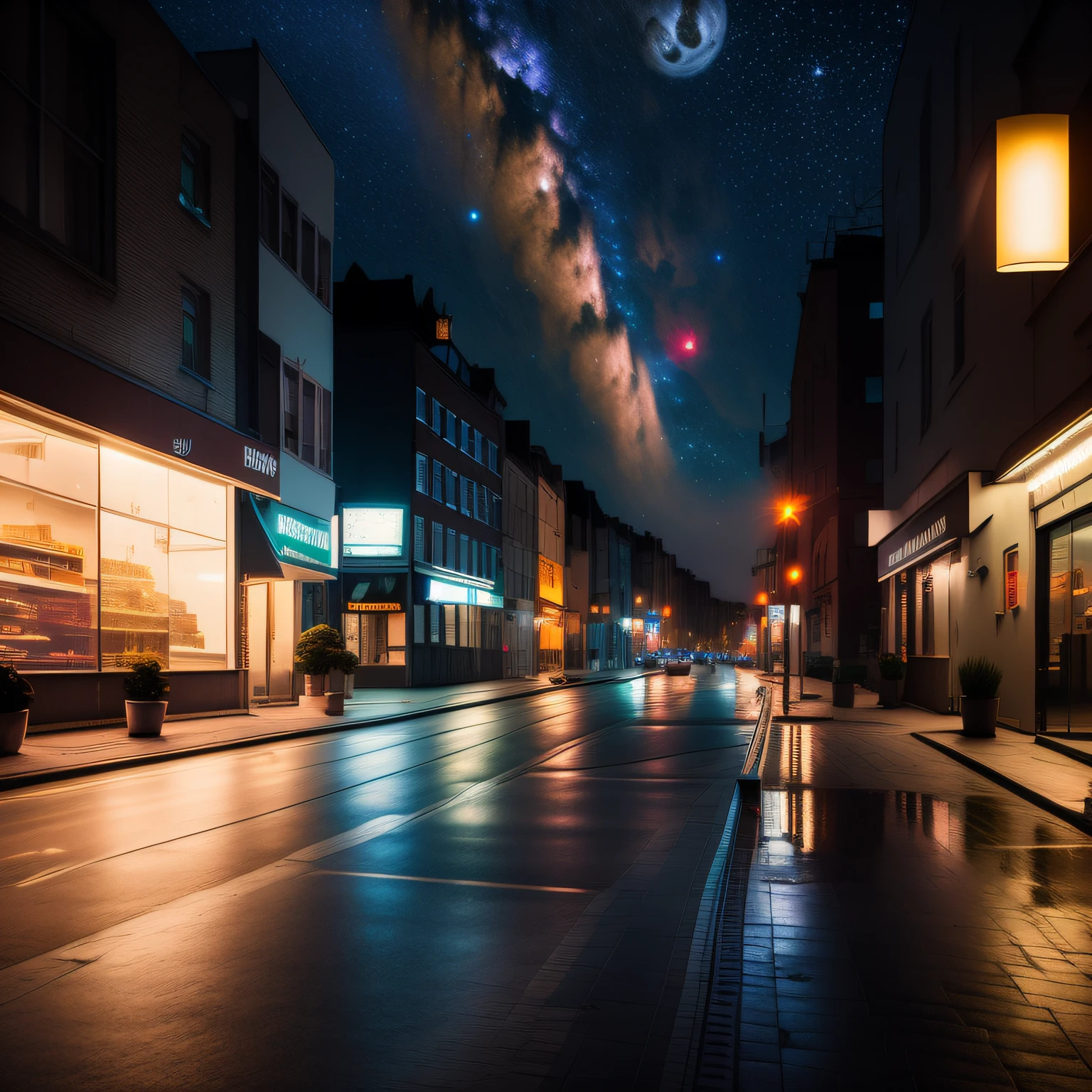 nighttime view of a city street with a lot of buildings and a sky full of stars, street city night, on a street at night, night street, amazing photo, hd photography street, city street on the moon, night sky photography, futuristic street, watching night streets, stars strange perspective, in city street at night, amazing wallpaper, beautiful space, Author:Adam Rex --auto