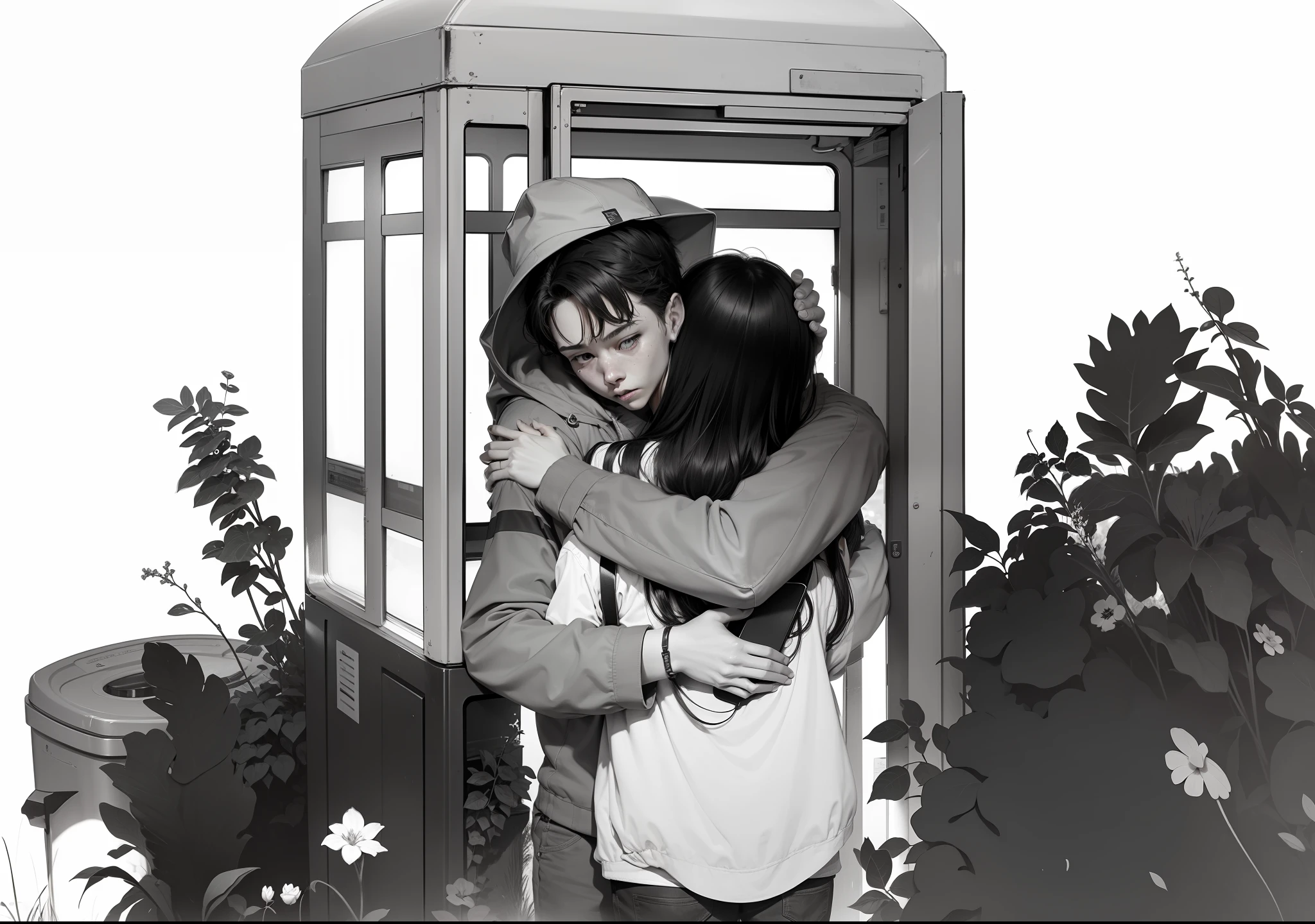 On the street，There was a boy and a girl standing in front of the phone booth hugging，Next to grass and trash cans