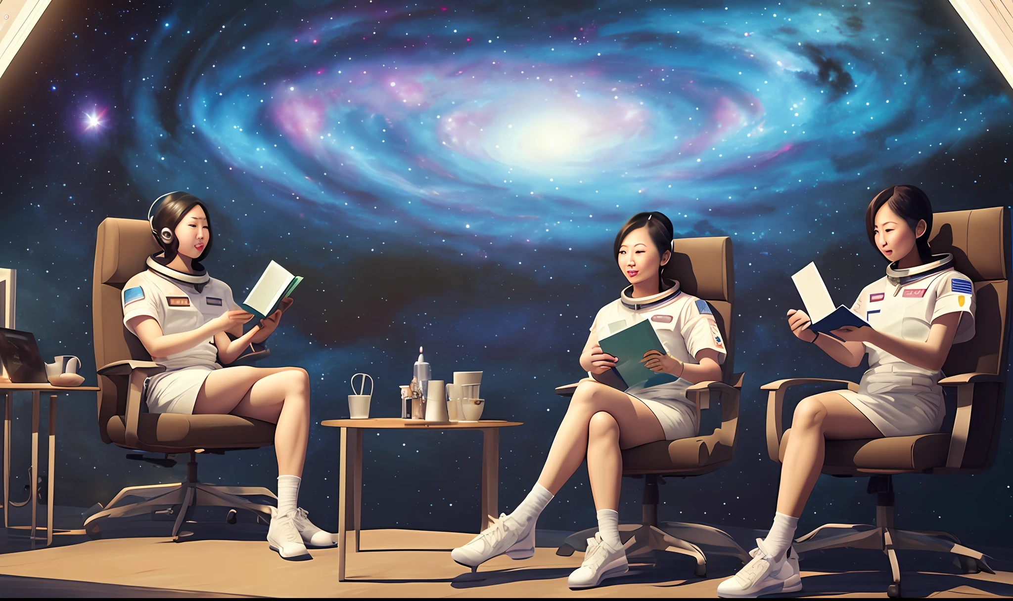 Beautiful female astronauts of the People's Republic of China，Outside the office is full of nebulae，Reading a book，There are many colored nebulae around，There are little monsters inside，Huge worldview，large scenes，Cinematic，Amazing，16k，UHQ，Very Detail，concept art by theCHAMBA，Blue and white porcelain，