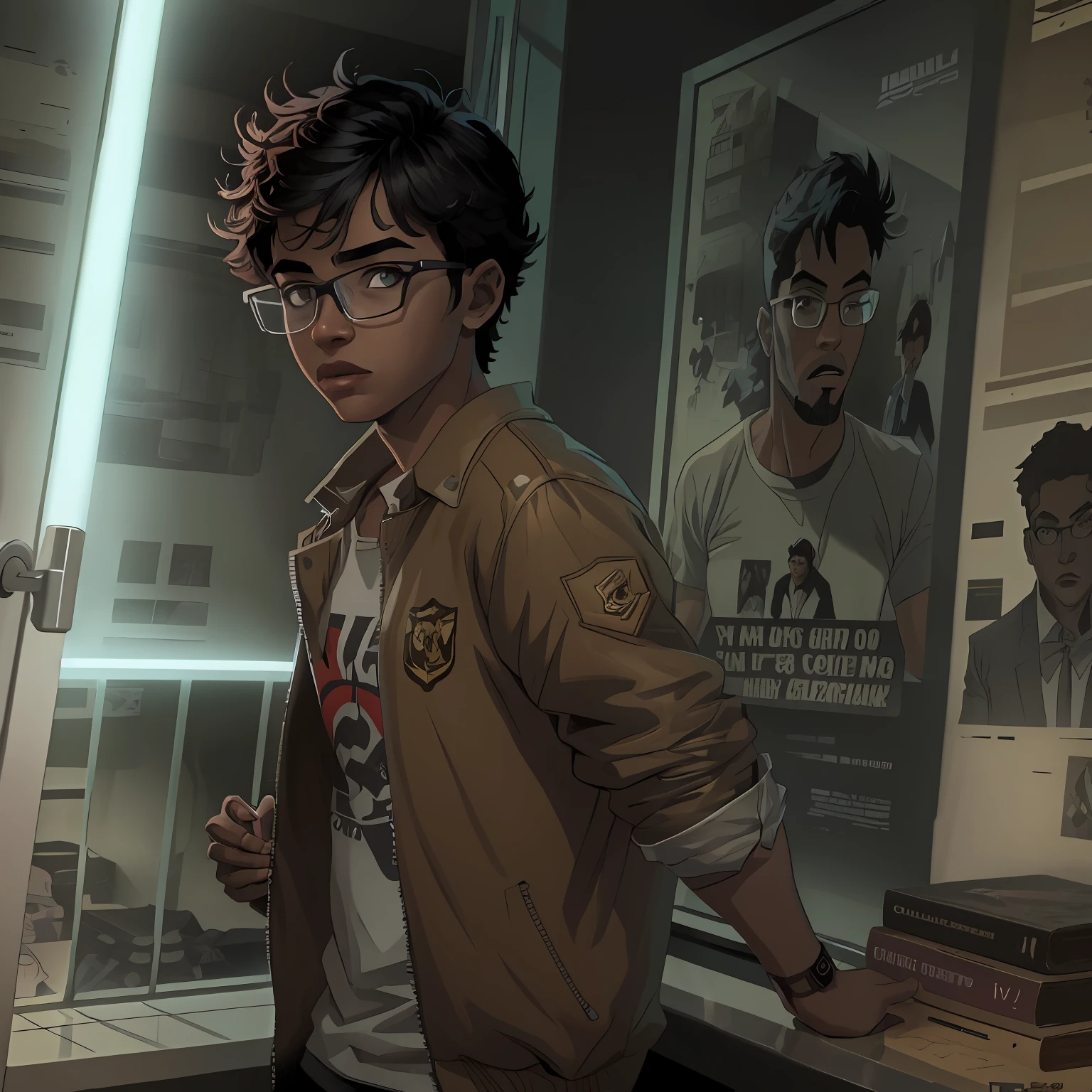 closeup de um jovem garoto nerd colegial, eye glasses, nerd esquisito, jovem feio, personagem 2d, comics art syle character, 8k