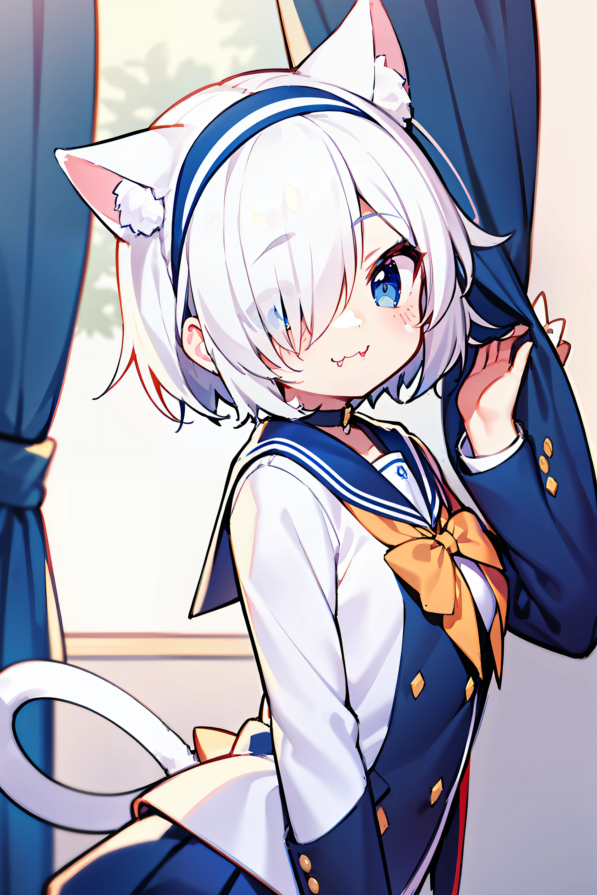 Meisterwerk, Best, 1girl, White Hair, Midi Hair, Cat Ear, Looking at the viewer, :3, Cuties, scarf，，, blazer, WHITE BACKGROUND，fang, high qualitt, UHD Arona，Hair Over One Eye，Hair above the right eye，white hairband，bow hair band，aura，ple short hair，bacsingle braid，School Uniforms，blue shirt，White sailor collar，long sleeve，white bowties，white choker， Break the perspective，Happy light blue eyes， Parted lips， joyful， （Tie your hair：1.3）， Head tilted， inside room， livingroom， From Side