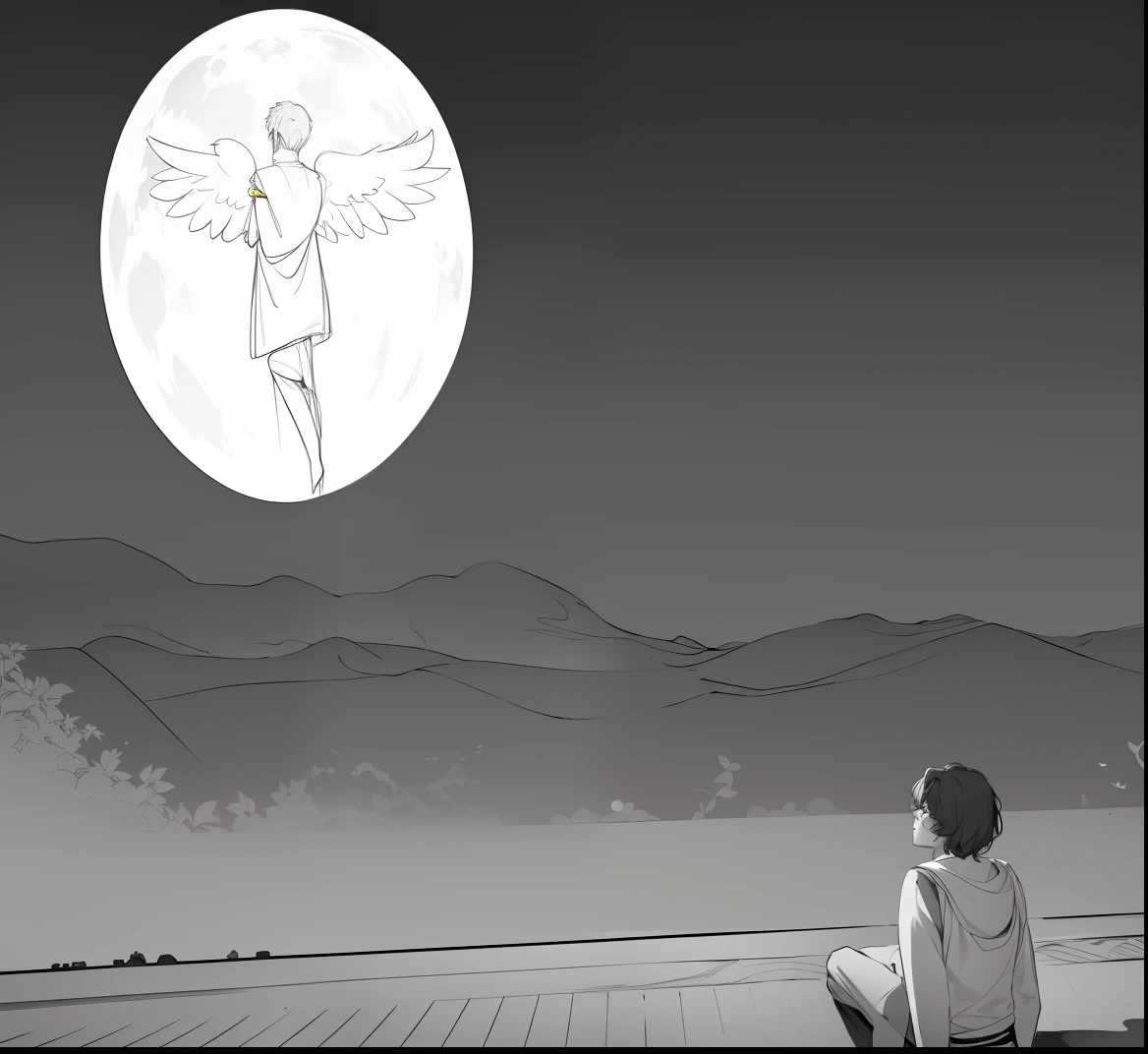 Alafeld painted a man sitting on the eaves watching the full moon, sketch of a lucid dream, looking at the full moon, looking at the moon, inspired by Matsumura Goshun, sitting on a moon, inspired by Josetsu, the moon behind her, inspired by Saneatsu Mushanokōji, angel watching demon, mostly greyscale