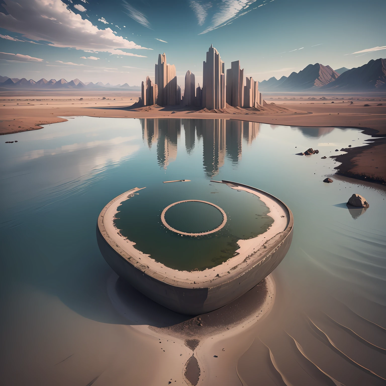 body of water in a desert, in the style of surreal architectural landscapes, national geographic photo, Hasselblad high detail, cinematic Lighting, Reflected Light,Atmospheric Perspective, Panoramic View, F/4.0, nikon, UHQ, super-detail,best quarity, 8k
