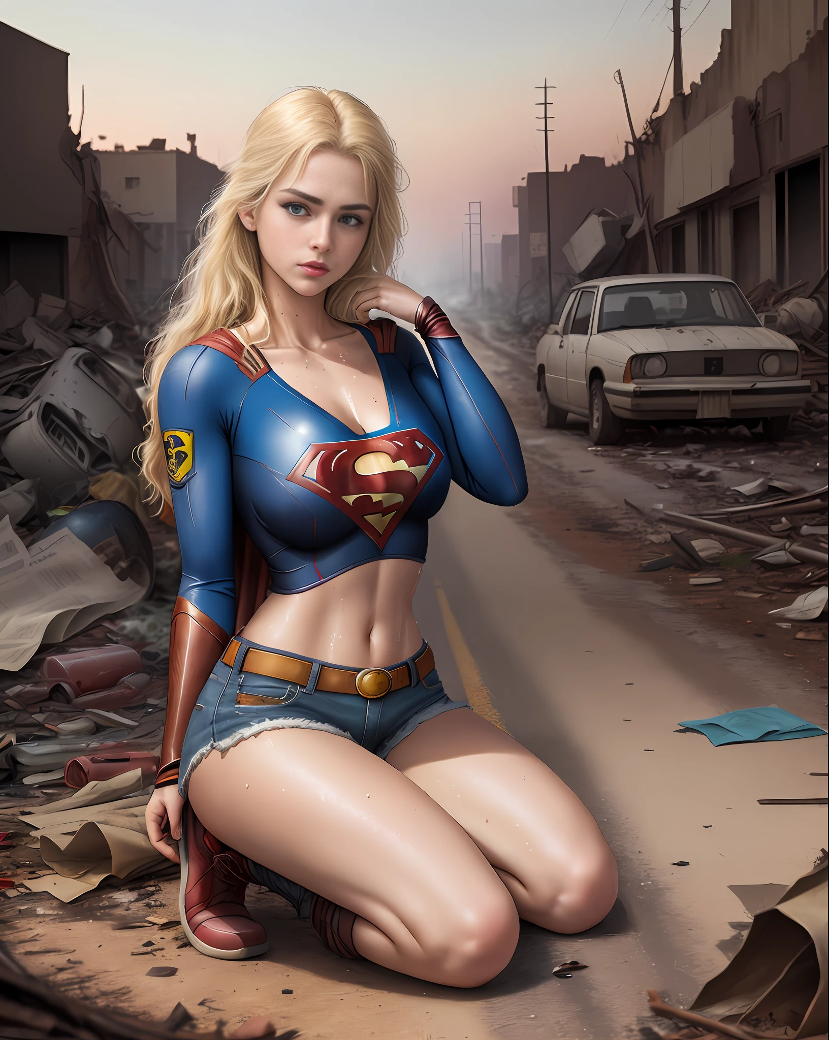 Yael Shelbia (Supergirl beautiful and bold, seductive and attractive, blue eyes, pointed breasts, long blonde hair and, sweaty body, open shirt with superman S symbol, short shorts, me, red boot, thick legs). (deserted road, dirt road, blood, smoke, abandoned cars, newspapers, abandoned objects, bodies lying on the ground, abandoned road, apocalyptic scenery, cinematic effect), (Best quality, masterpiece, depth of field, Full HD, 4K, richness of detail). Portrait style