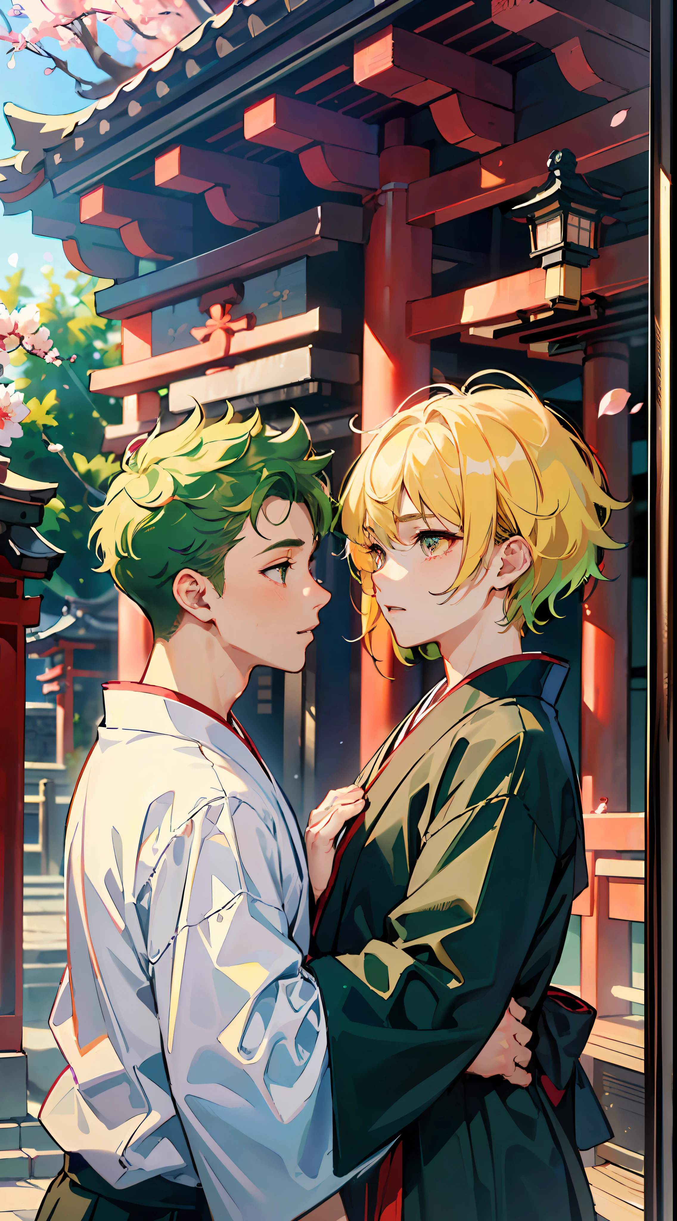 (Representative work:1.4、best qualit、8k)、(Gay couple facing each other:1.5)、(cool boy、Black hakama with blonde spiked hair and red eyes:1.1)、(Cute little boy、Short green hair and big eyes white:1.2)、(japanese shrine:1.3)、Cherry Blossoms。