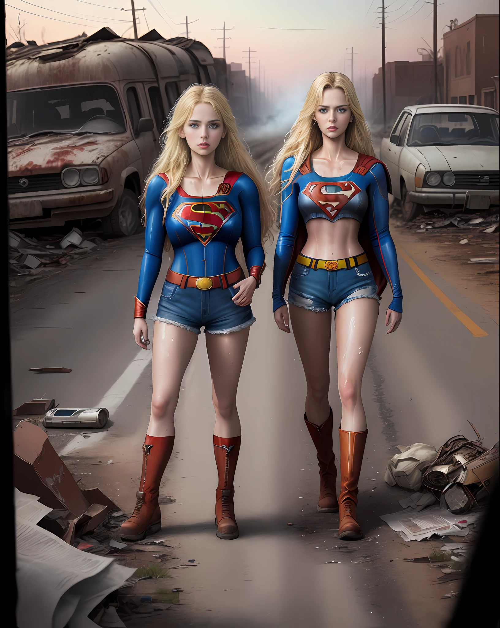 Yael Shelbia (Supergirl beautiful and bold, seductive and attractive, blue eyes, pointed breasts, long blonde hair and, sweaty body, open shirt with superman S symbol, short shorts, me, red boot, thick legs). (deserted road, dirt road, blood, smoke, abandoned cars, newspapers, abandoned objects, bodies lying on the ground, abandoned road, apocalyptic scenery, cinematic effect), (Best quality, masterpiece, depth of field, Full HD, 4K, richness of detail). Portrait style