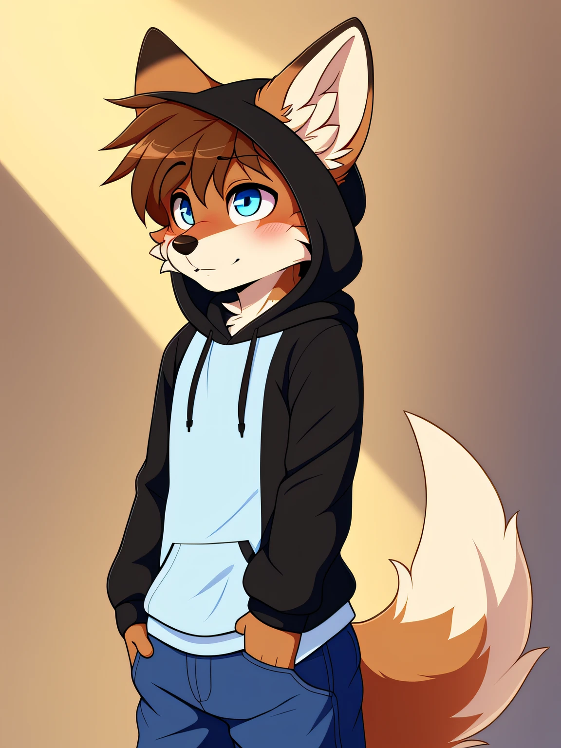 (coffeesoda:1.1), hioshiru, fox、, playboy, sky blue eyes, multicolored fur, white fur, dark brown fur, black fur, wearing a hoodie, solo