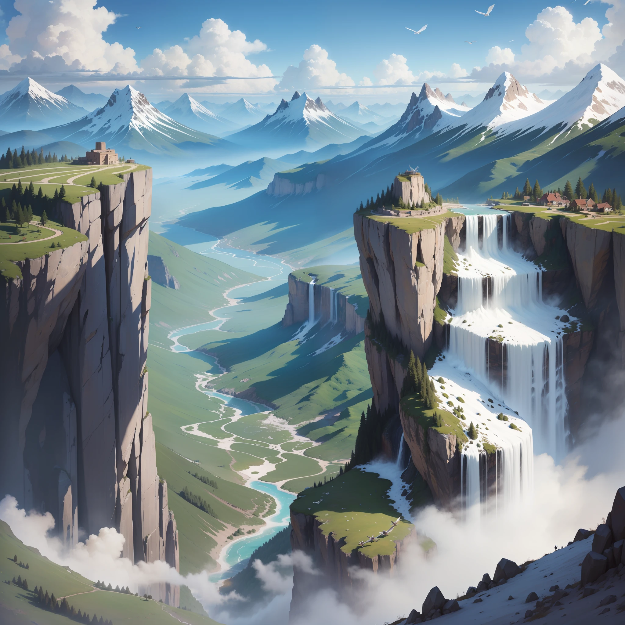 mountain, blue sky, various flying birds and waterfall