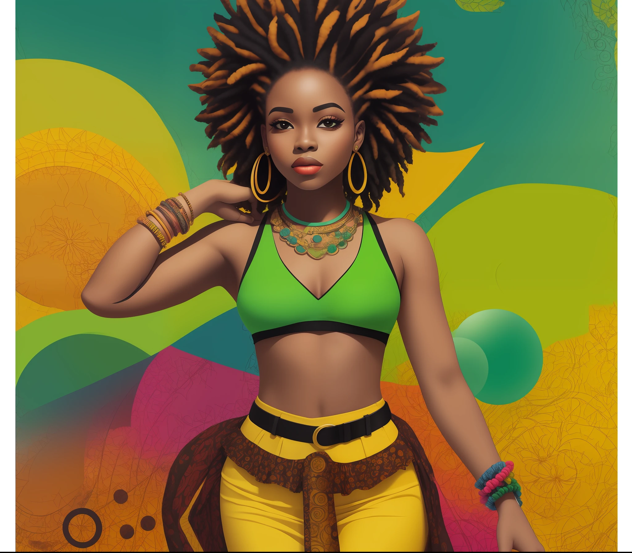 flyer com garota estilo rastafari, futurista, africana, fundo grunge, vermelho, amarelo, verde