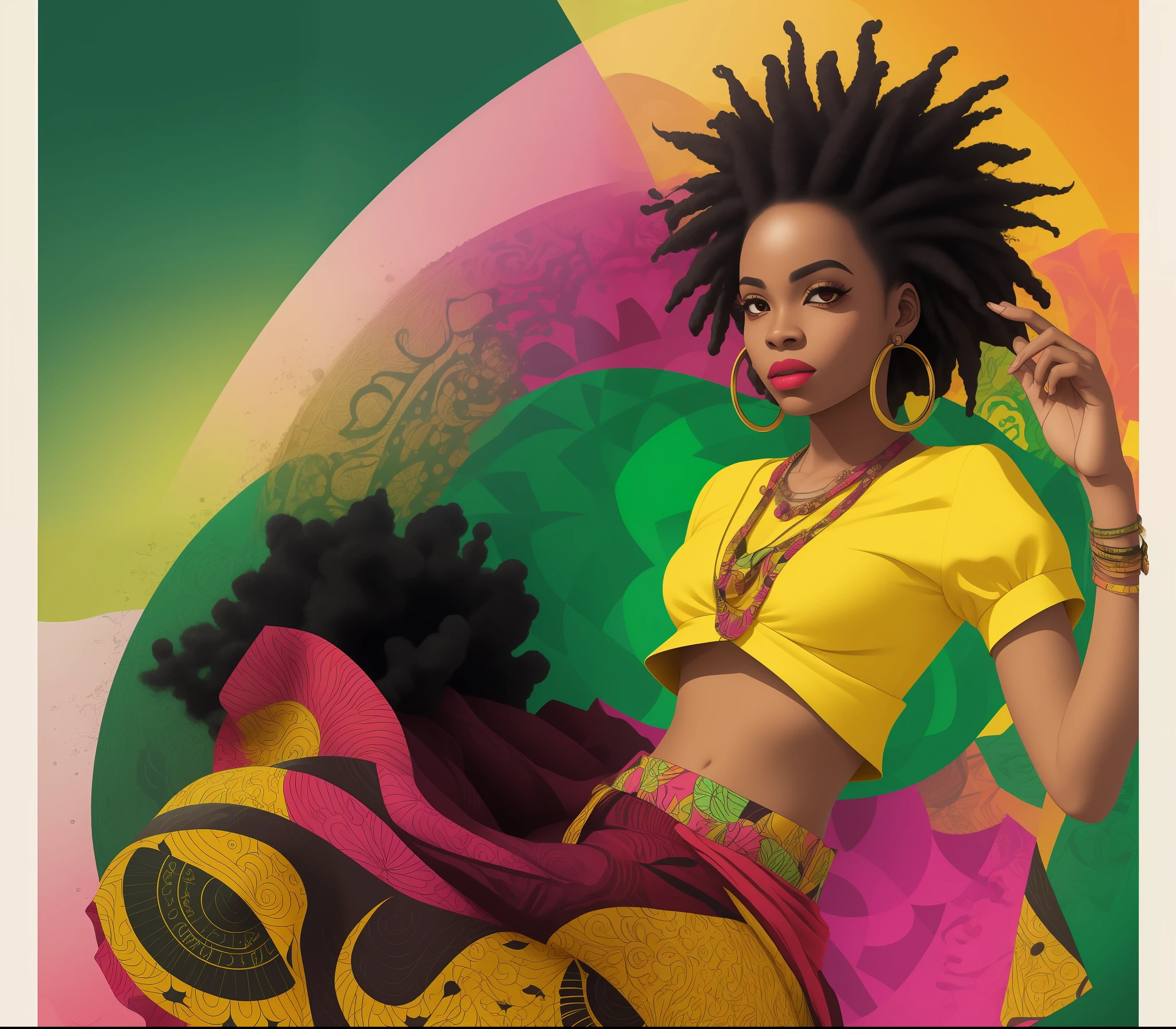 flyer com garota estilo rastafari, futurista, africana, fundo grunge, vermelho, amarelo, verde