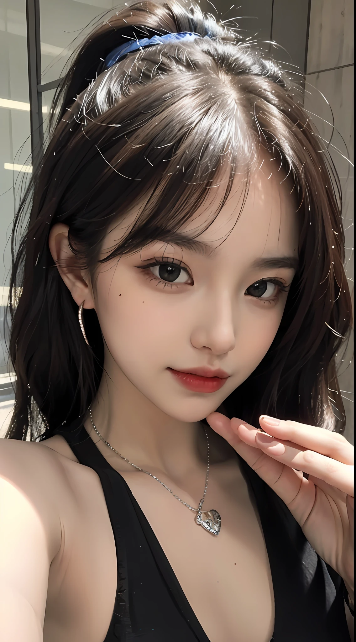 (Masterpiece), best quality, 8K resolution, real, a beautiful girl, wearing a sports vest, with a necklace, a beauty mole under the corner of the left eye, perfect figure, ((beautiful detailed face)), black hair (ponytail) (oblique bangs), delicate makeup, red lips, shiny lips, long eyelashes, with silver earrings, bright big eyes, eye shadow, lying silkworm, movie lighting, cute girl, master works, high detail, colorful picture, light and shadow details, extremely delicate beautiful girl, Supple fair skin, delicate facial features, perfect face, stunning beauty, extreme details, realistic details, holding a mobile phone to take a selfie, on the streets of a Chinese city
