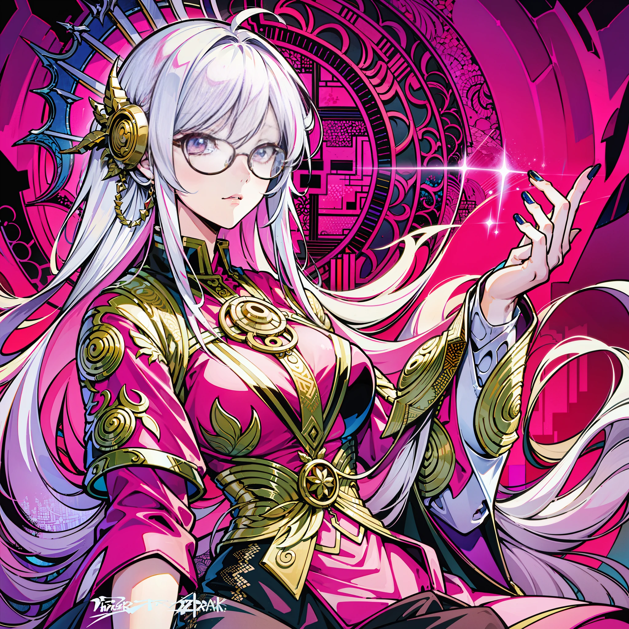 White hair with a small amount of pink hair, long hair, intricate pattern arm painting, dragon lady, playwright, dignified and atmospheric woman, intellectual glasses lady, body detail optimization, costume detail optimization, ark of tomorrow, detailed art, masterpiece, best quality, high resolution, best quality, high quality, detailed key anime art, best anime, 8k