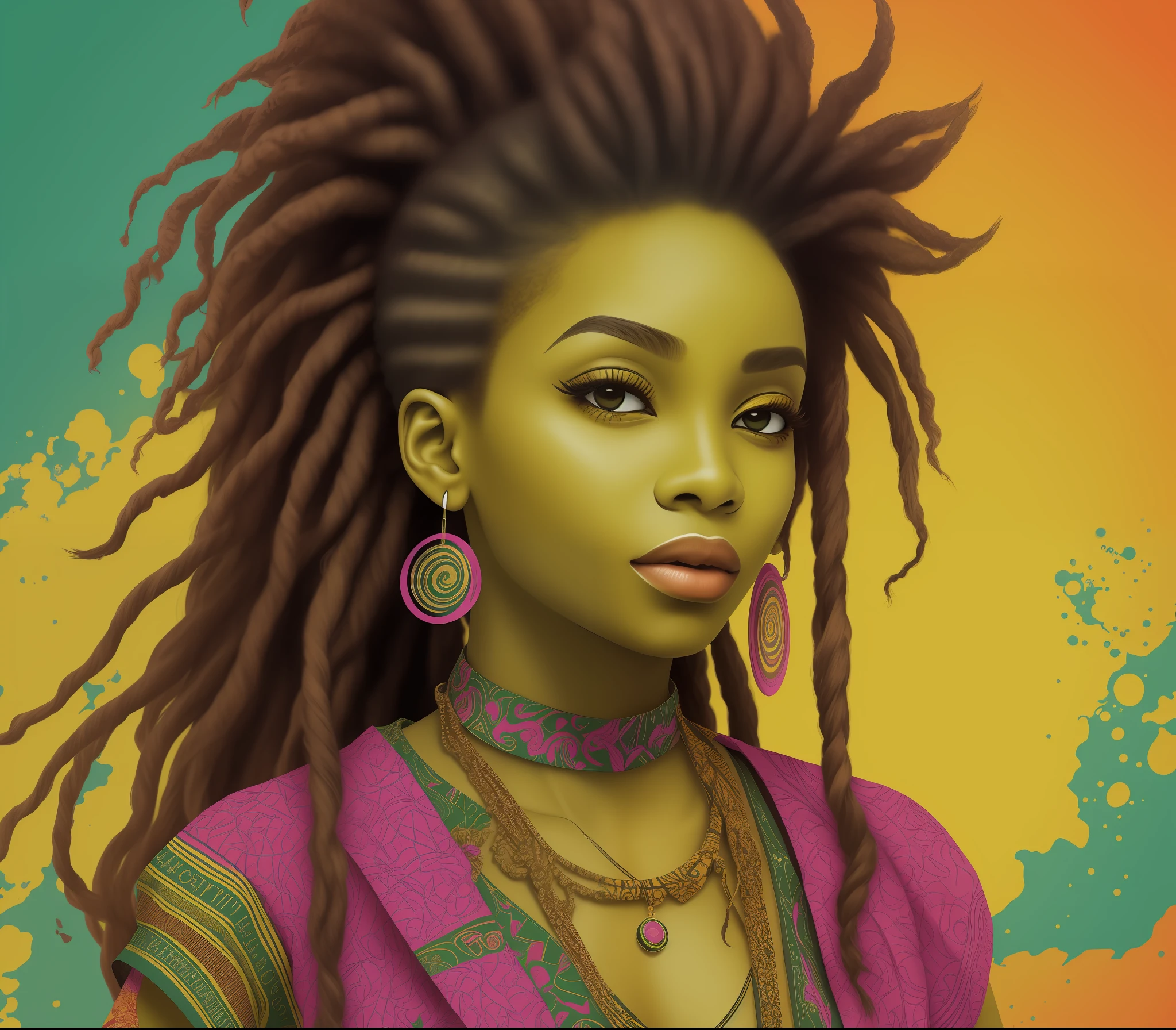 flyer com garota estilo rastafari, futurista, africana, fundo grunge, vermelho, amarelo, verde