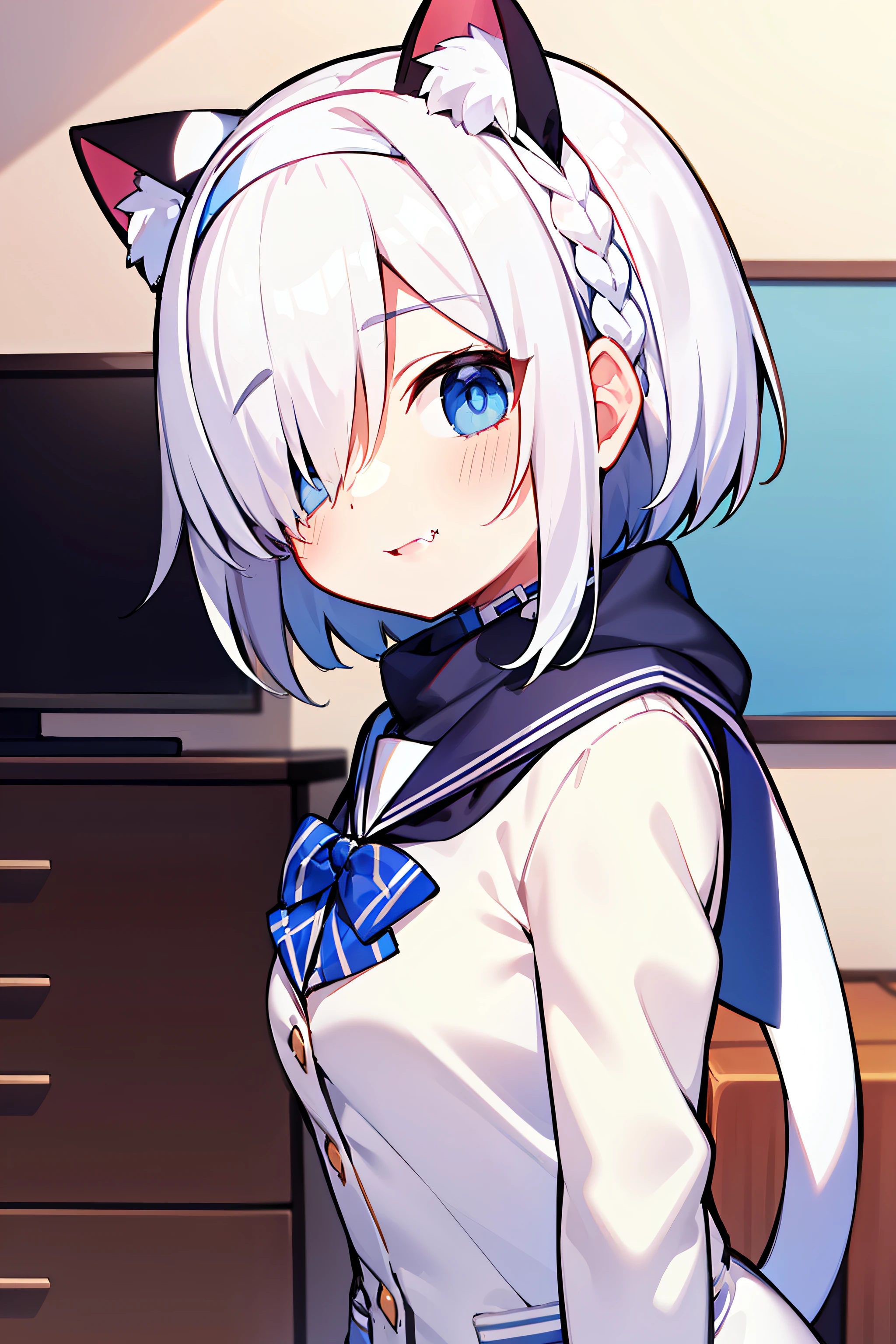 Meisterwerk, Best, 1girl, White Hair, Midi Hair, Cat Ear, Looking at the viewer, :3, Cuties, scarf,, blazer, WHITE BACKGROUND,fang, high qualitt, UHD Arona,Hair Over One Eye,Hair above the right eye,white hairband,bow hair band,aura,ple short hair,bacsingle braid,School Uniforms,blue shirt,White sailor collar,long sleeve,white bowties,white choker, Break the perspective,Happy light blue eyes, Parted lips, joyful, (Tie your hair:1.3), Head tilted, inside room, livingroom, From Side