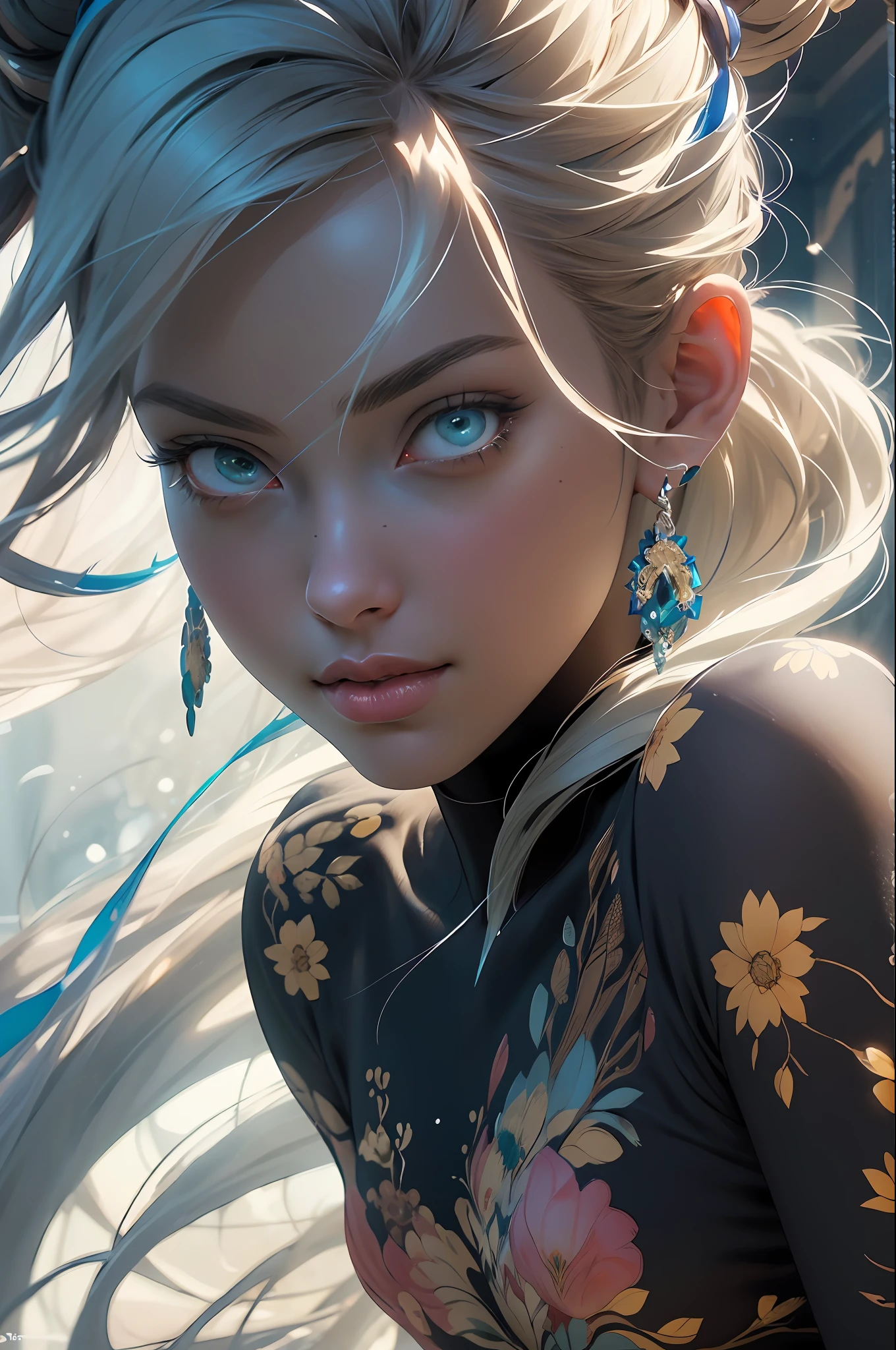 (((masterpiece))), (((best quality))), ((ultra-detailed)), (hyperrealistic), (highly detailed CG illustration), ((an extremely delicate and beautiful)),cinematic light, Create a stunning anime artwork that is currently trending on ArtStation, showcasing exquisite beauty and captivating aesthetics. The art piece should be highly detailed, featuring a compelling character and a visually appealing environment. The character in the artwork is a graceful and enchanting figure, radiating an aura of elegance. Pay close attention to intricate facial features, such as mesmerizing eyes with vibrant colors and delicate shading. The character's clothing should be designed with elaborate patterns, flowing fabrics, and rich textures, reflecting a blend of fantasy and contemporary fashion. Place the character in a captivating environment that enhances the overall appeal of the artwork. It could be a breathtaking natural landscape, a bustling futuristic cityscape, or a mystical realm filled with magical elements. Incorporate vibrant colors, dynamic lighting, and detailed background elements to create a sense of depth and immersion. Consider the latest trends in anime art, such as incorporating unique lighting effects, exploring creative composition techniques, or experimenting with unconventional color palettes. Take inspiration from the top artists on ArtStation and their exceptional execution of various art styles and themes. Camera: Choose an angle that highlights the character's beauty and the immersive environment. Lighting: Utilize atmospheric lighting techniques to create depth and mood. Resolution: Aim for a high-resolution artwork to showcase intricate details and clarity. Art Inspirations: Seek inspiration from the trending artists on ArtStation, exploring different styles, genres, and themes.