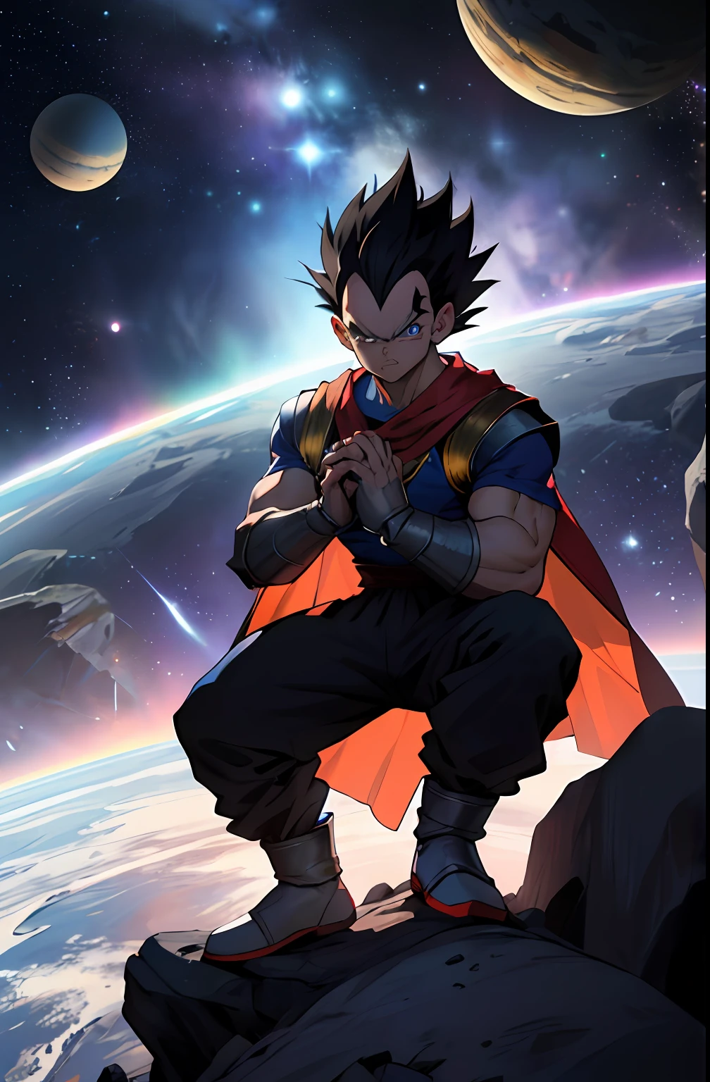 Draw a young Vegeta sitting standing in the middle of an asteroid belt. He is wearing white and blue saiyan armor with a princepe cape and has a saiyan tail. He's forming a ball of energy in his hands, surrounded by several asteroids glowing with auras of fire. The dramatic illumination of distant stars and planets illuminates the scene, casting deep shadows on the costume. O jovem parece confiante e determinado, looking at the vast and mysterious universe with admiration and respect.