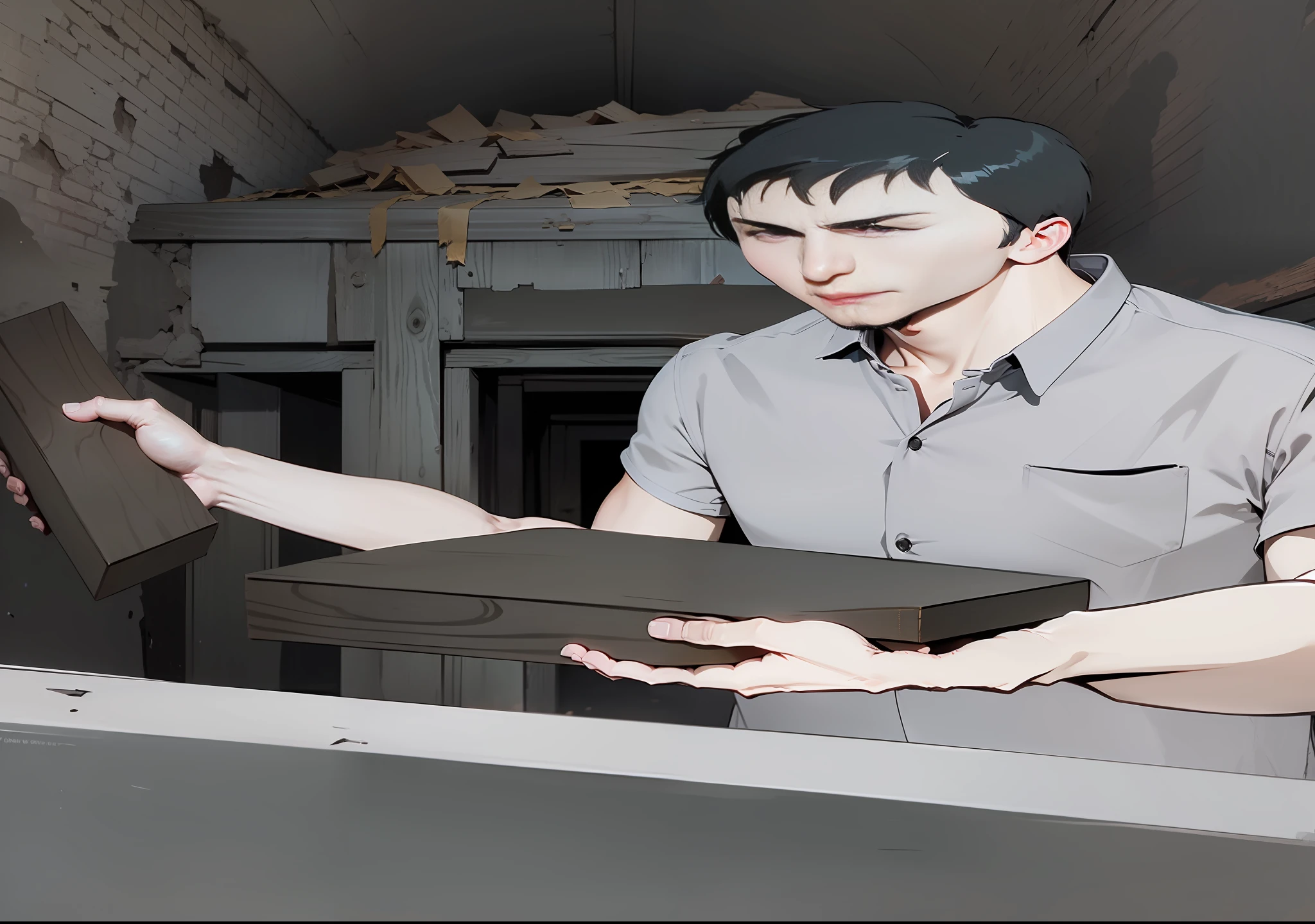 The man picks up two wooden boxes in a coffin in the tomb