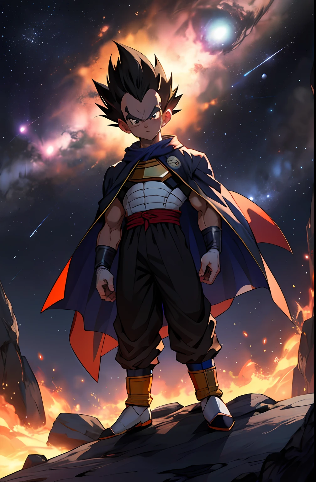 Draw a young Vegeta sitting standing in the middle of an asteroid belt. He is wearing white and blue saiyan armor with a princepe cape and has a saiyan tail. He's forming a ball of energy in his hands, surrounded by several asteroids glowing with auras of fire. The dramatic illumination of distant stars and planets illuminates the scene, casting deep shadows on the costume. O jovem parece confiante e determinado, looking at the vast and mysterious universe with admiration and respect.