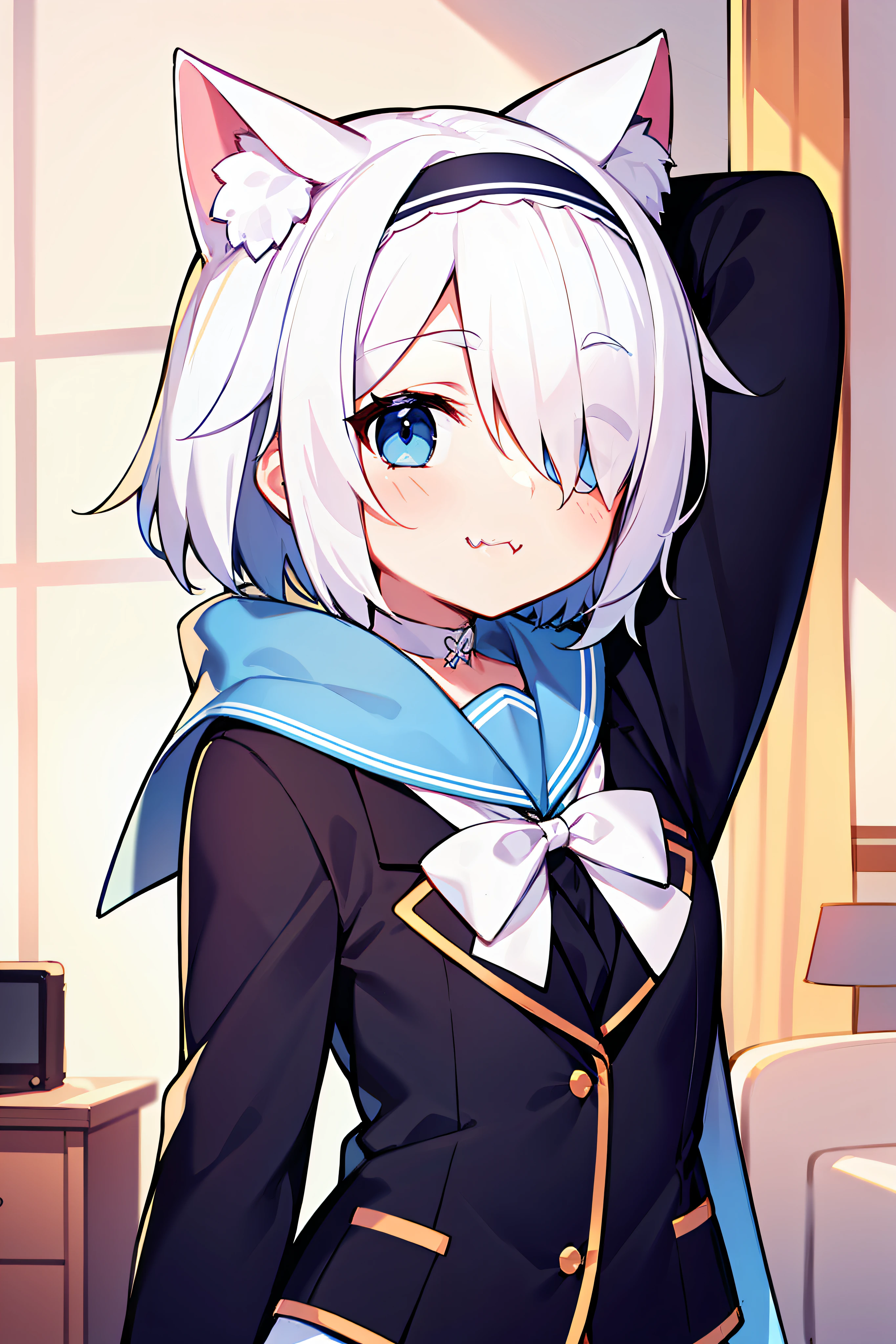 Meisterwerk, Best, 1girl, White Hair, Midi Hair, Cat Ear, Looking at the viewer, :3, Cuties, scarf,, blazer, WHITE BACKGROUND,fang, high qualitt, UHD Arona,Hair Over One Eye,Hair above the right eye,white hairband,bow hair band,aura,ple short hair,bacsingle braid,School Uniforms,blue shirt,White sailor collar,long sleeve,white bowties,white choker, Break the perspective,Happy light blue eyes, Parted lips, joyful, (Tie your hair:1.3), Head tilted, inside room, livingroom, From Side