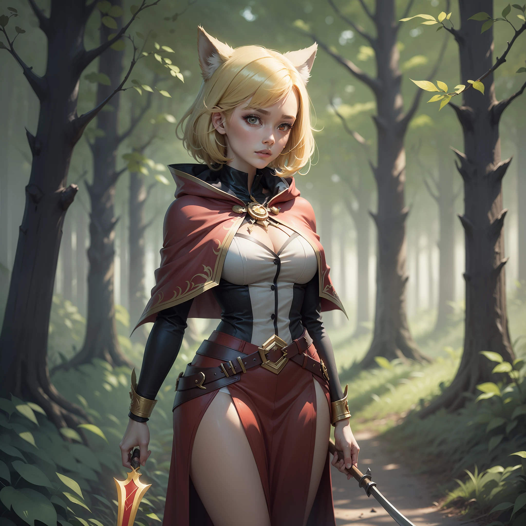Ruby from the game Mobile legends is walking in a dark forest, Gloomy Senary, Her hair is short blonde and red eyes. She wears a red cape and holds with her hand a sickle larger than her body, behind you there are wolves.
