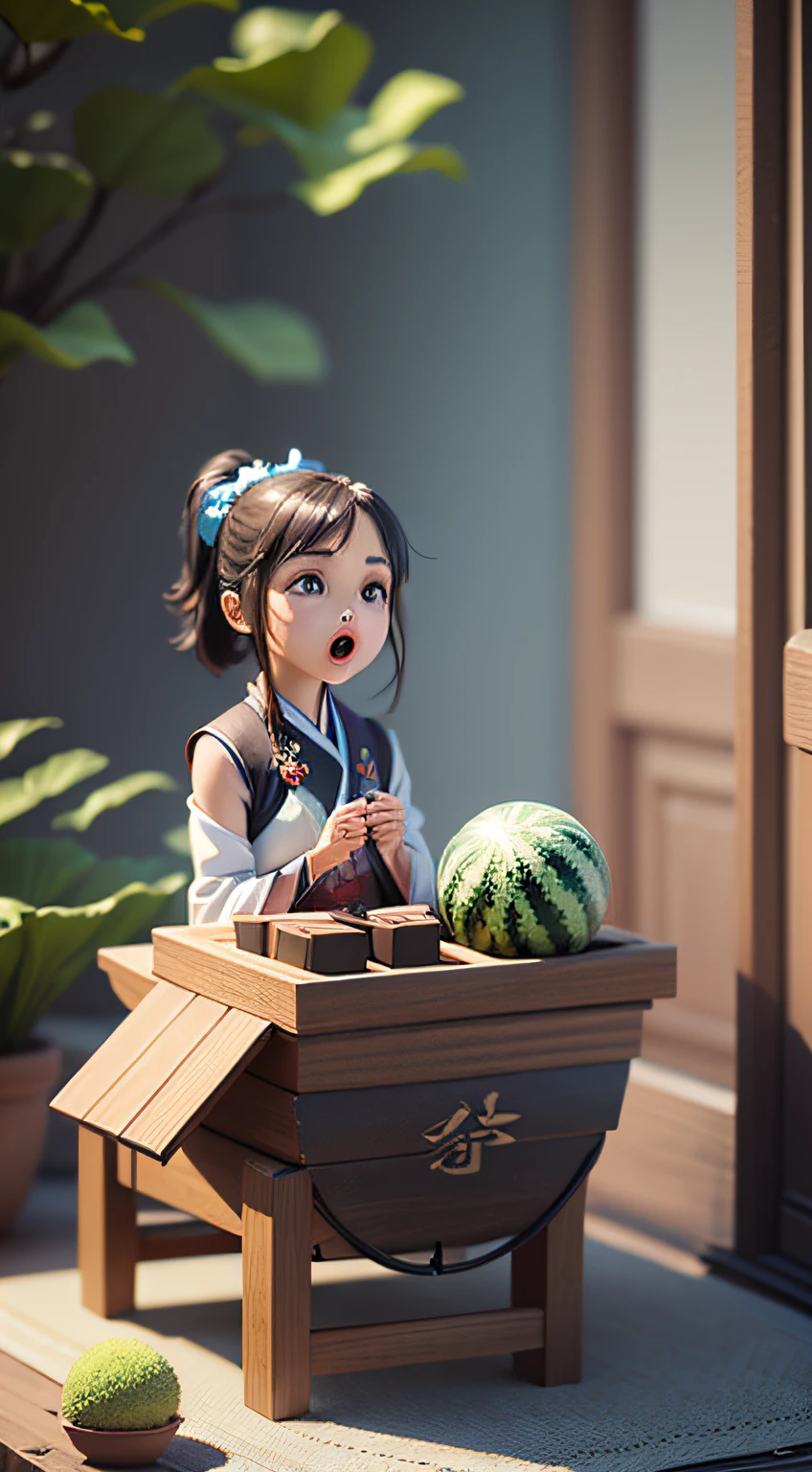 Make a summer poster, rendered with a 3Dcartoon illustration, of a very cute girl singing on arecliner with a fan and a watermelon in theforeground,dressed in traditional Chineseclothing Hanfu, a coordinated process,In theforeground are fuzzy lotus leaves,a blue sky,dappled sunlight,Brown carpet, intricate detailsbeautiful color grading, depth of field (dof) ,Unreal Engine, clay materials, 3D art,C4D, 3Drendering, light and shadow, Depth of field, BestQuality 8K,Super Detail --stvle expressive --ar3:4 --niji 5