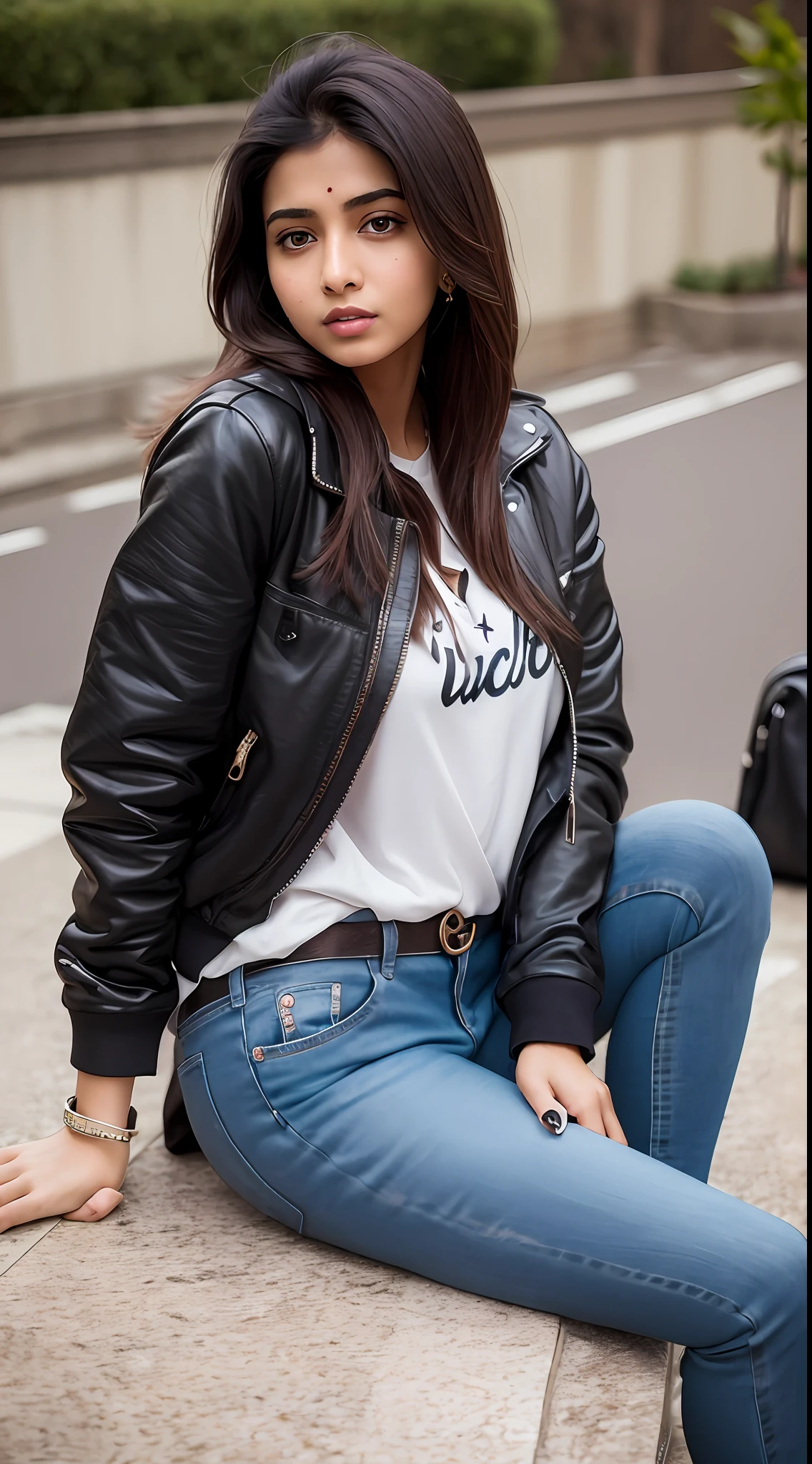 Hot sexy Indian girl, realistic, masterpiece,pretty face,Gucci shirt,black jeans, Rolex watch,gucci bag, Nick sneakers,rain hotel