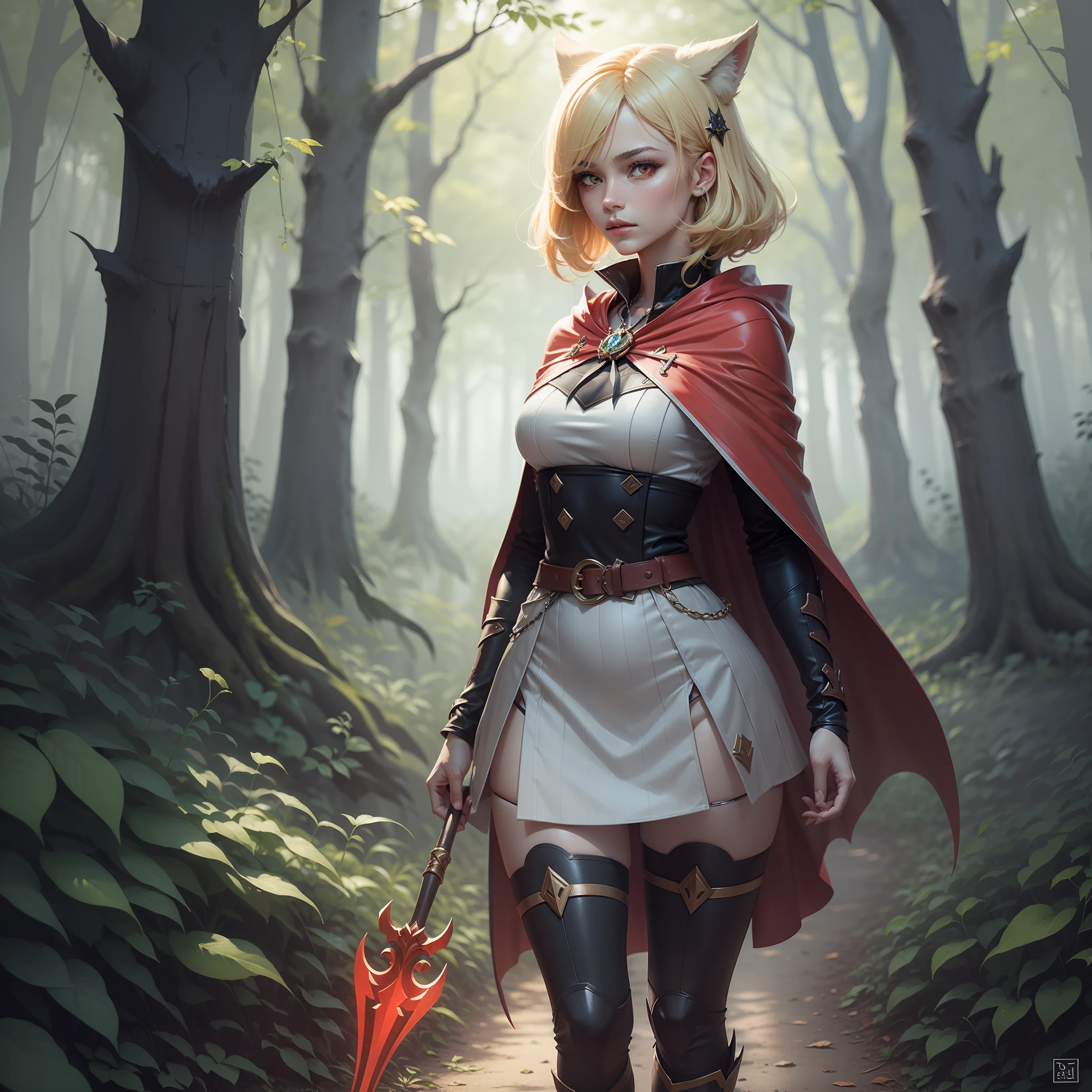 Ruby from the game Mobile legends is walking in a dark forest, Gloomy Senary, Her hair is short blonde and red eyes. She wears a red cape and holds with her hand a sickle larger than her body, behind you there are wolves.