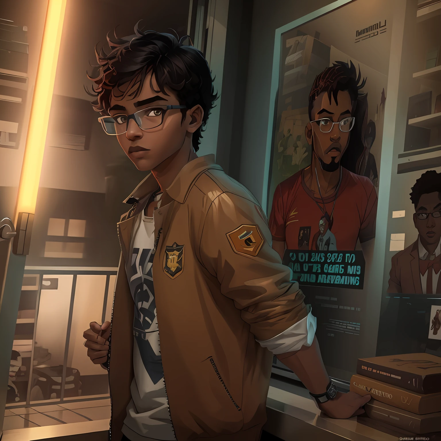 closeup de um jovem garoto magro nerd colegial, eye glasses, nerd esquisito, brasileiro, pele marrom, jovem feio, personagem 2d, Personagem de Syle de Arte em Quadrinhos, 8k