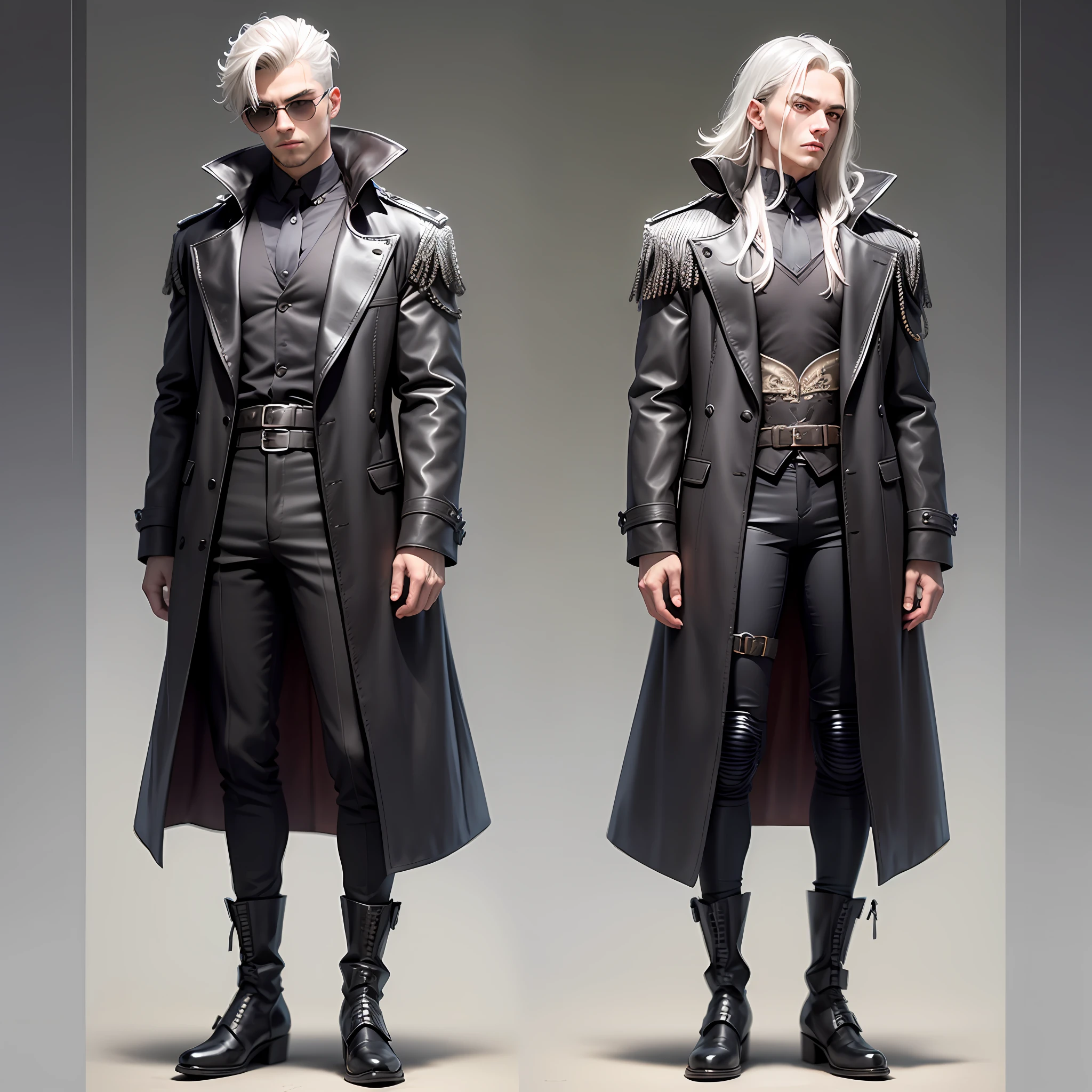 Desenhe um homem jovem com cabelos brancos, appearing to have an aura of wisdom and mystery. Seus cabelos brancos devem ser longos e levemente ondulados, proporcionando um visual elegante e distinto. Ele usa um longo, black overcoat that extends to his ankles, creating an imposing and intriguing appearance. O sobretudo deve ter um design detalhado Seus olhos devem ser penetrantes e expressivos, imparting wisdom and a depth of experience. The special silver footwear he wears is a unique and technological piece. It should be a type of boot or footwear that goes up to the knee, com um acabamento brilhante e detalhes futuristas. Essas botas prateadas devem ser estilosas e funcionais, providing the character with a unique and distinctive appearance. Sinta-feel free to give the figure an air of mystery and power, keeping a touch of youth in his appearance. Lembre-if the main emphasis is on the black overcoat and the special silver footwear, But other additional details can be added to enhance the character and make-lo ainda mais fascinante --auto --s2