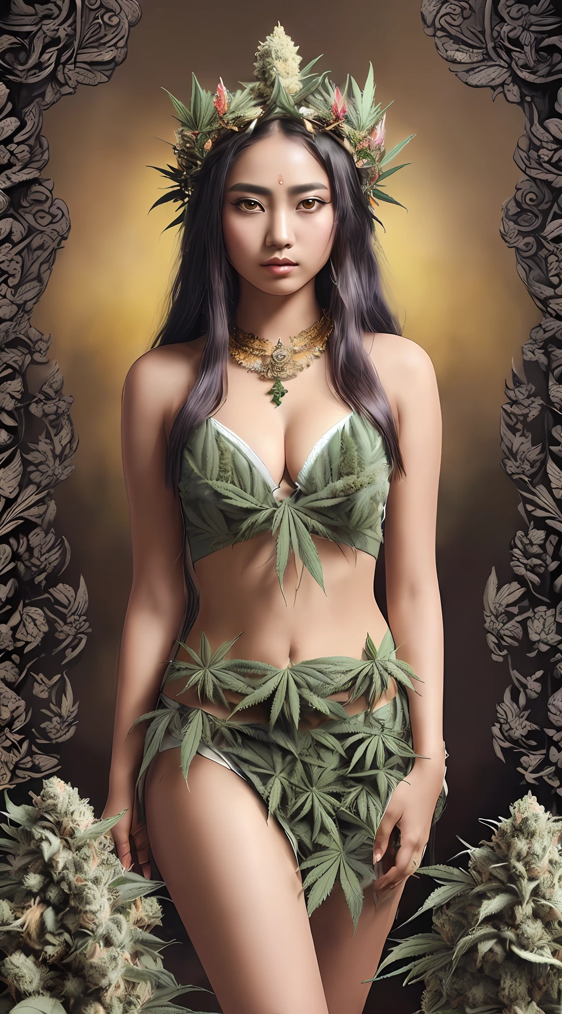 (A full body shot), (ultra wide angle), (extremely detailed CG unity 8k wallpaper:1.5),<(masterpiece:1.5), (best quality:1.7), high resolution illustration, (finely detailed eyes and detailed face:1.3), (detail:1.3, best quality, (ultra-detailed), (an extremely delicate and beautiful), (photography), (painting),(masterpiece:1.5),cinematic light,dynamic angle,floating,sharp focus,(2d:1.7), (best quality:1.3),(illustration:1.1),((disheveled hair:1.2),(beautiful detailed eyes:1.1),(cinematic light:1.1), beautiful 1girl, (Balinese goddess:1.2), wearing sexy traditional Balinese dress, Exotics, perfect body, Curvy, Busty, Thick, Voluptuous, big breast, standing in a Bali room with Marijuana plants, big multicolored, (anime eyes:1.1), (soothing tones:1.25), (hdr:1.35), (artstation:1.5), (intricate details:1.14), (rutkowski:1.1), (faded:1.3), (muted colors:1.1), (illustration:1.3), (marijuana goddess:1.2), (cannabis goddess:1.2), (ganja goddess:1.2), (hemp goddess:1.2), (weed goddess:1.2), (ganja princess:1.2), (marijuana leaf crown:1.2), (Balinese Art Culture:1.2), smoking Balinese marijuana, smoke in Bali room background