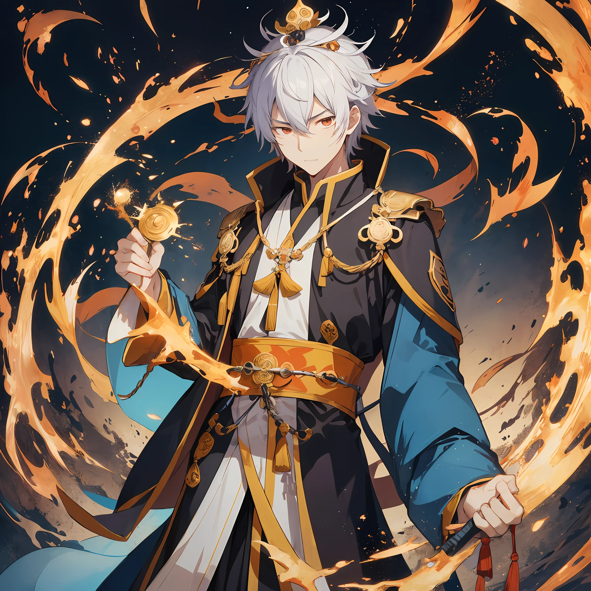 A handsome Taoist priest stood in front of King Yan and the Sanqing Daozu with his head held high, his demeanor solemn and majestic. Sanqing was dressed in a robe and holding a magic weapon, each with his own thoughts, and the king of Yan had a solemn face, a wat board in his hand, and looked at the Taoist priest with a pair of cold eyes. Against the backdrop of the abstract universe, they form a chaotic and mysterious picture.