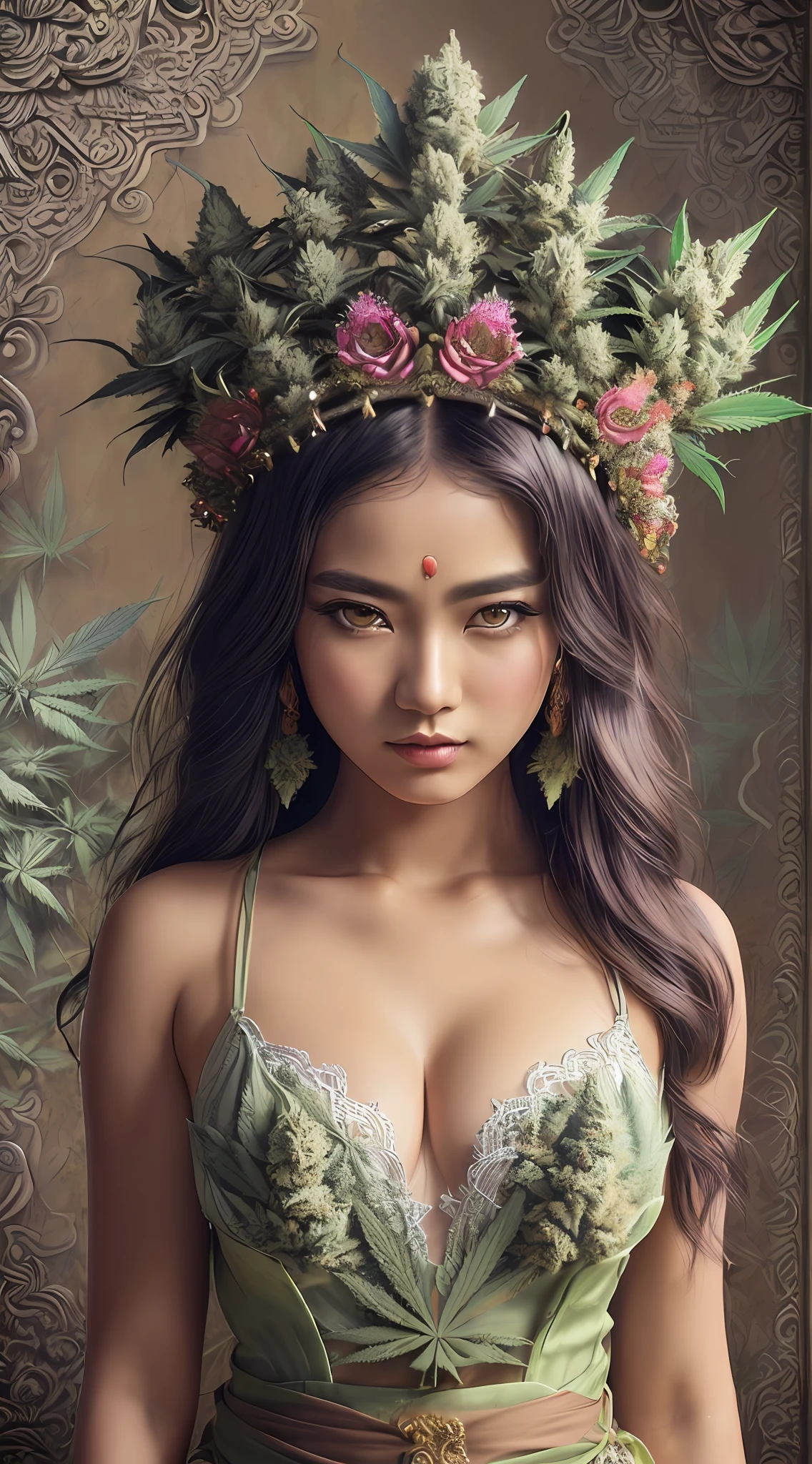 (A full body shot), (ultra wide angle), (extremely detailed CG unity 8k wallpaper:1.5),<(masterpiece:1.5), (best quality:1.7), high resolution illustration, (finely detailed eyes and detailed face:1.3), (detail:1.3, best quality, (ultra-detailed), (an extremely delicate and beautiful), (photography), (painting),(masterpiece:1.5),cinematic light,dynamic angle,floating,sharp focus,(2d:1.7), (best quality:1.3),(illustration:1.1),((disheveled hair:1.2),(beautiful detailed eyes:1.1),(cinematic light:1.1), beautiful 1girl, (Balinese goddess:1.2), wearing sexy traditional Balinese dress, Exotics, perfect body, Curvy, Busty, Thick, Voluptuous, big breast, standing in a Bali room with Marijuana plants, big multicolored, (anime eyes:1.1), (soothing tones:1.25), (hdr:1.35), (artstation:1.5), (intricate details:1.14), (rutkowski:1.1), (faded:1.3), (muted colors:1.1), (illustration:1.3), (marijuana goddess:1.2), (cannabis goddess:1.2), (ganja goddess:1.2), (hemp goddess:1.2), (weed goddess:1.2), (ganja princess:1.2), (marijuana leaf crown:1.2), (Balinese Art Culture:1.2), smoking Balinese marijuana, smoke in Bali room background