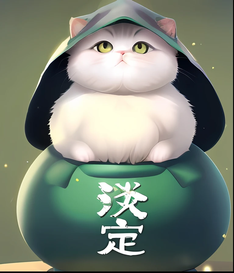 There is a cat sitting on top of the pot,With a hat on, anime visual of a cute cat, inspired by Miao Fu, fat chibi grey cat, kawaii cat, cute 3 d render, fluffy green belly, lovely digital painting, anime cat, Guwiz, Author:Li Fangying, Author:Leng Mei, Author:Yu Zheding