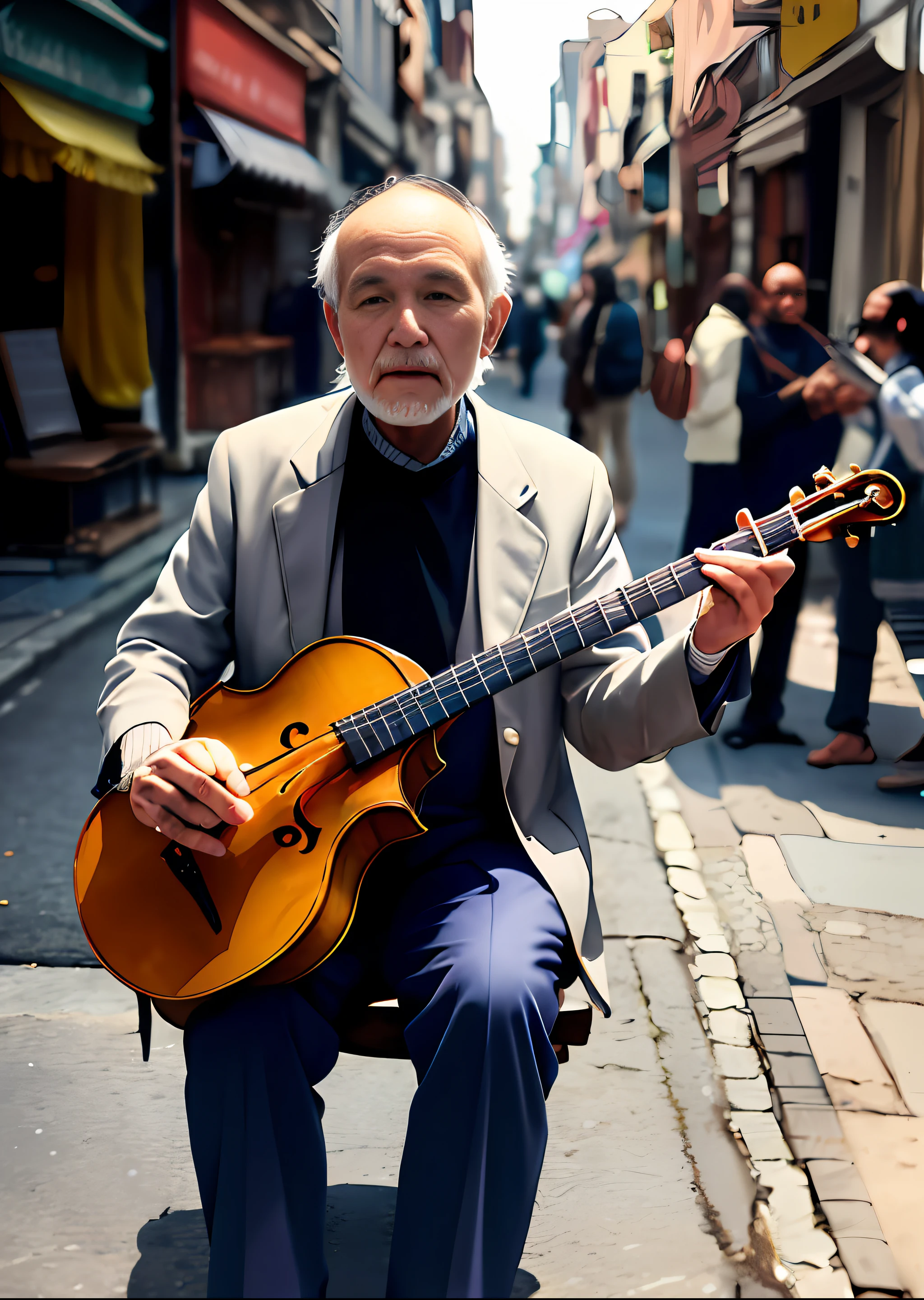 Um dia, on a city street
I saw an old man sitting on the sidewalk
With an alms gourd
And a viola in hand
The people stopped to listen
He thanked the coins
And sang that song
That told a story
Which went something like this