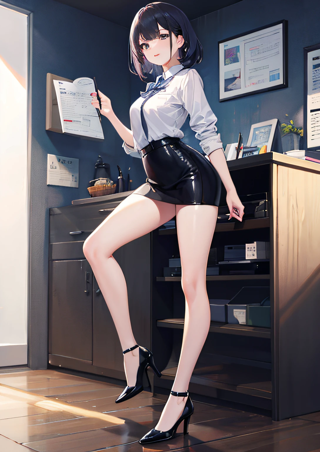 穿着超短裙和接缝丝袜的美丽性感秘书全身照片,stands_straight, ((solo)), adult, in the office, high heels, craves, strokes_herself