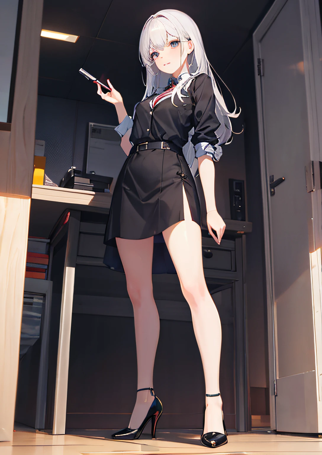 穿着超短裙和接缝丝袜的美丽性感秘书全身照片，stands_straight, ((solo)), adult, in the office, high heels, craves, strokes_herself