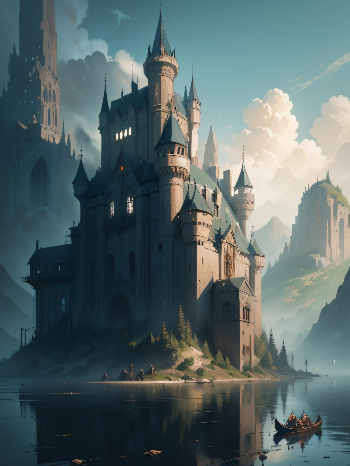 There is a painting，The painting is a castle on a hill with a river, inspired by Raphael Lacoste, illustration matte painting, silvain sarrailh, painterly concept art, medieval concept art, style of raphael lacoste, environment painting, Author：Johannes Voss, inspired by Martin Deschambault, digital painting concept art, inspired by Andreas Rocha, concept painting