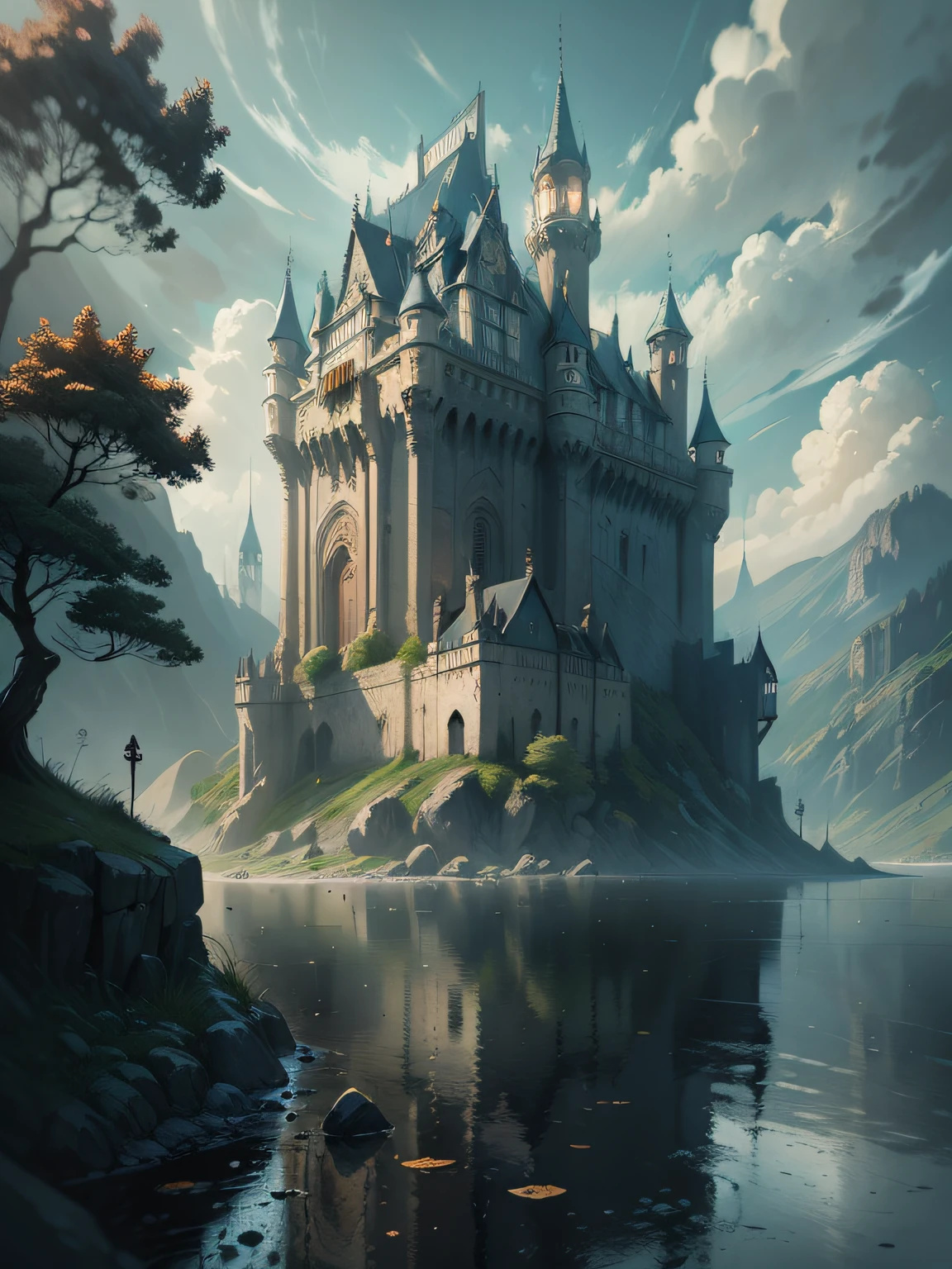 There is a painting，The painting is a castle on a hill with a river, inspired by Raphael Lacoste, illustration matte painting, silvain sarrailh, painterly concept art, medieval concept art, style of raphael lacoste, environment painting, Author：Johannes Voss, inspired by Martin Deschambault, digital painting concept art, inspired by Andreas Rocha, concept painting