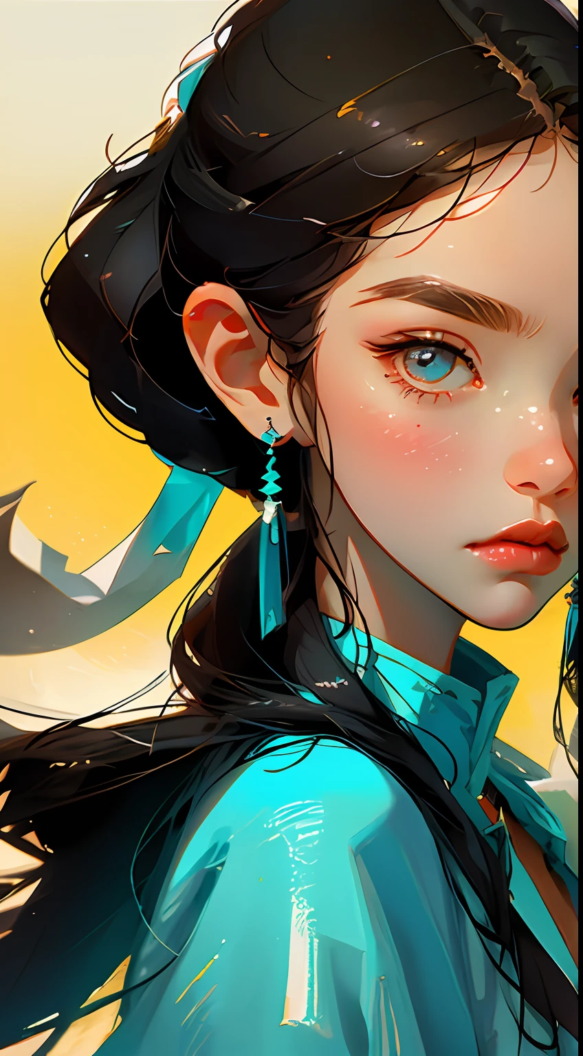 (Face close-up: 1.3), avatar close-up, Han woman, Han clothing, Han jewelry, trend, modern, yellow background, black and white fluorescent color, flat style, minimalism, flat illustration, Tsuruta Ichiro style,