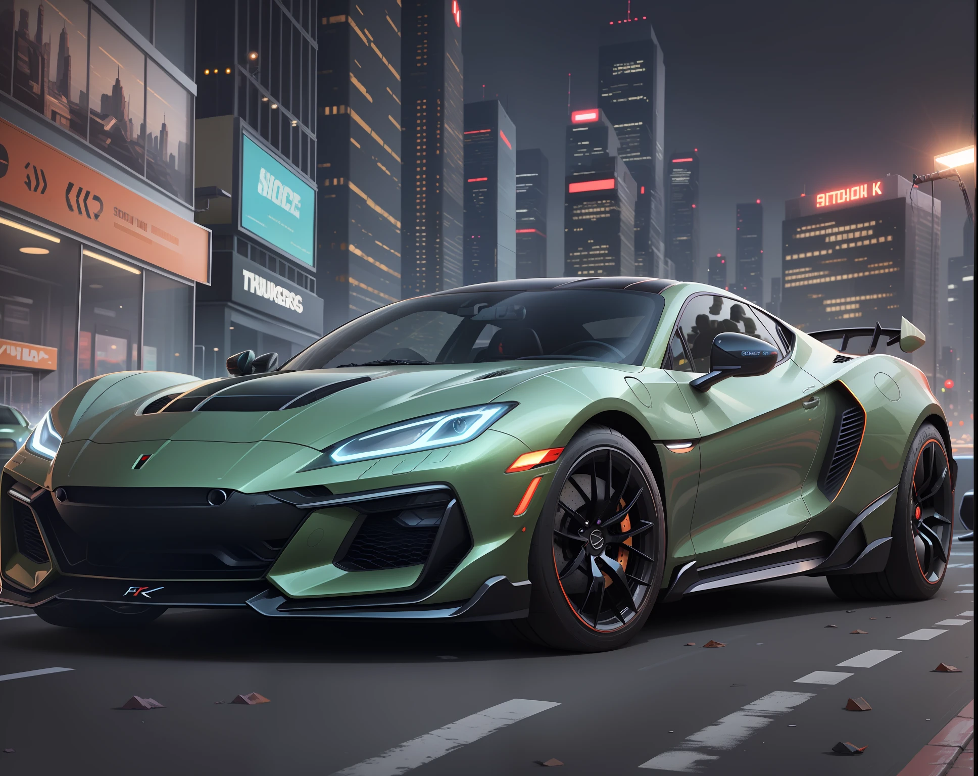 (High Definition, 9k) A futuristic sports car with neon headlights on the street of a futuristic cityscape with skyscrapers with glass