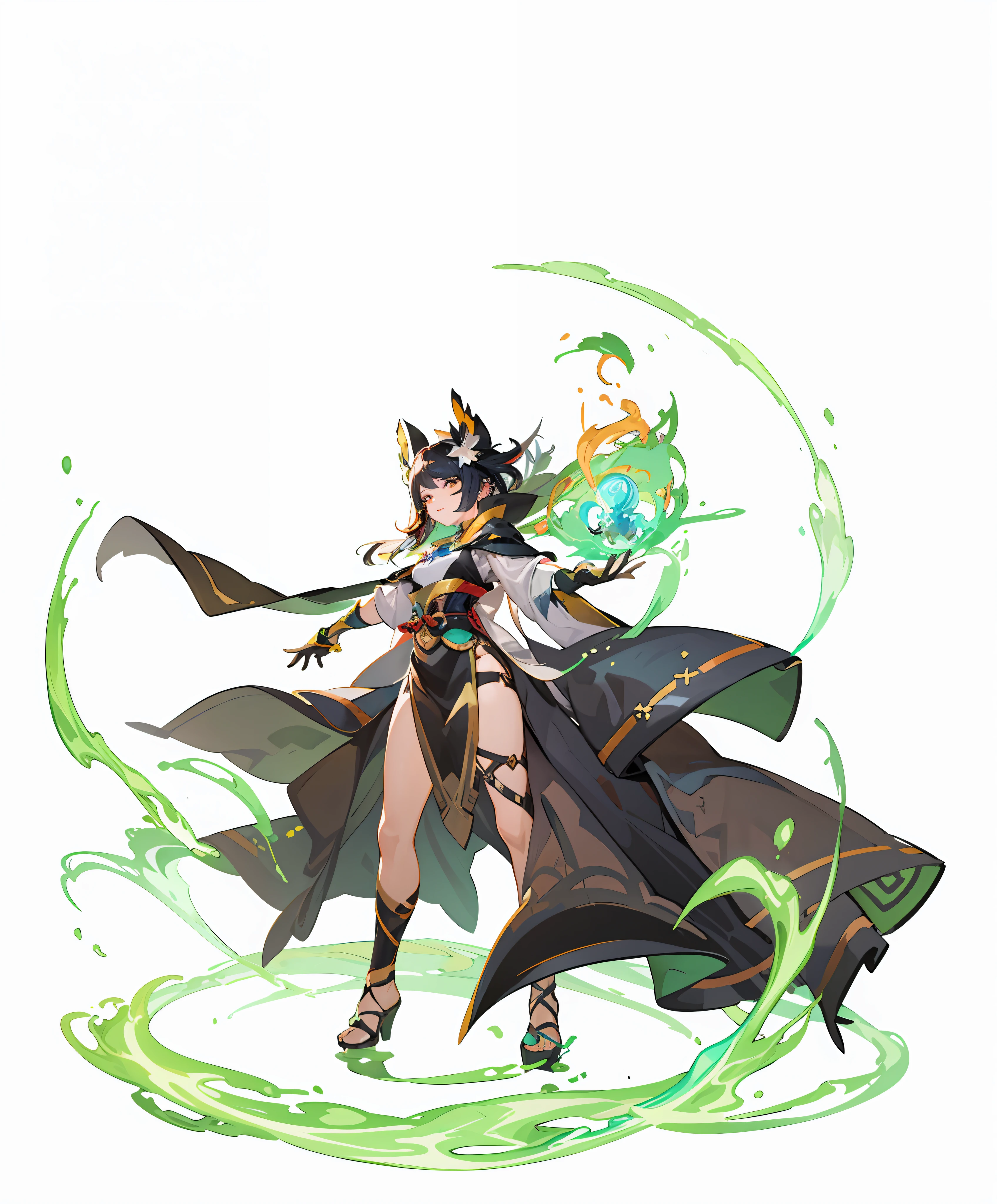 Fine Face。anime character with a green and black cape and a green fire, female earth mage, full portrait of elementalist, dark sorceress fullbody pose, epic mage girl character, witches, supervillain sorceress witch, Dark Witch Full View, onmyoji detailed art, human :: witches, official character art