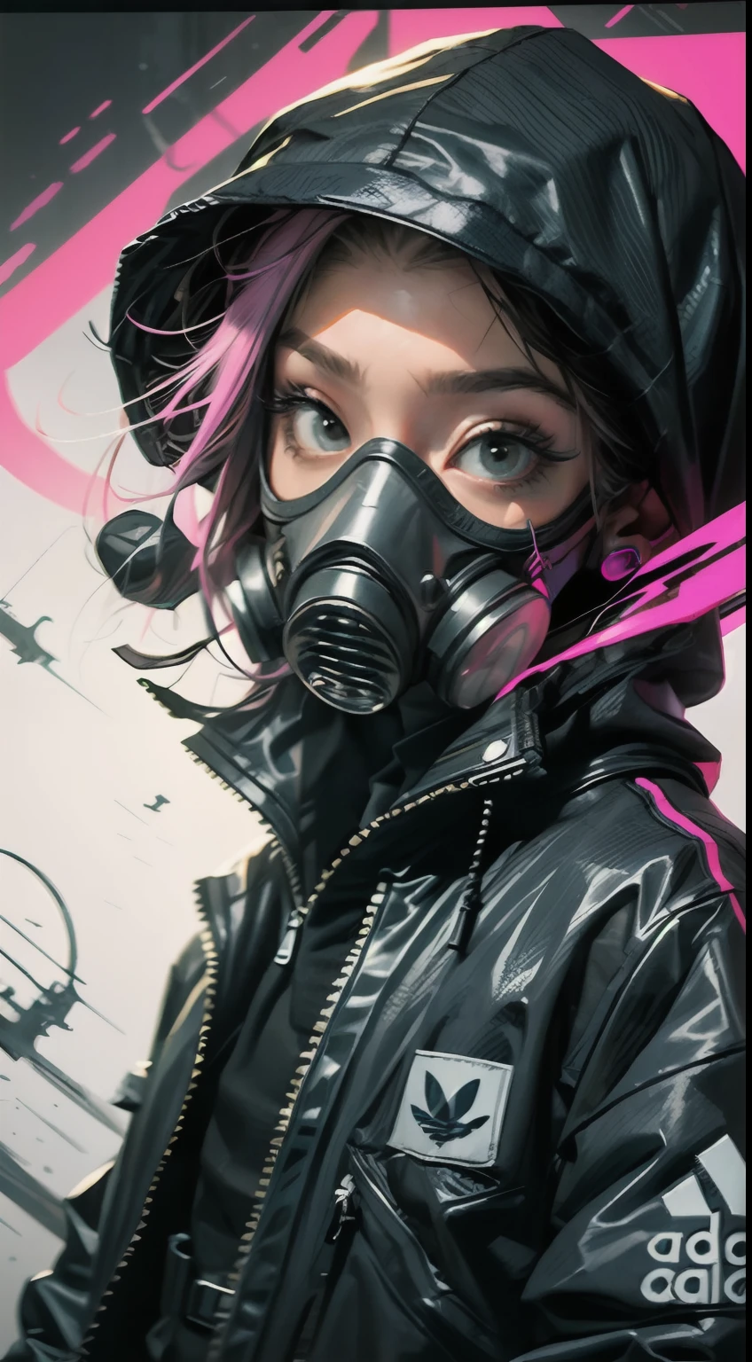 Ultra wide photo(1punk girl with gasmask)with adidas coat and hood