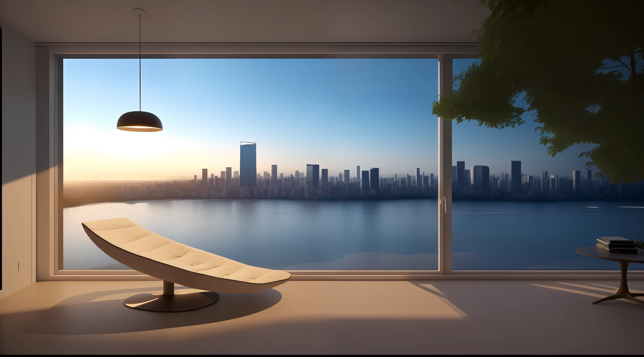 There is a large window，You can see a view of the city and the green lake, window and city background, cityscape in the window, interior architecture view, floor to ceiling window, architectural visualization, relaxing environment, surreal cityscape background, Author：Chass is silent, open window ib background, a photorealistic rendering, breathtaking render, window with rio de janeiro view, VIEW, luxury condo interior