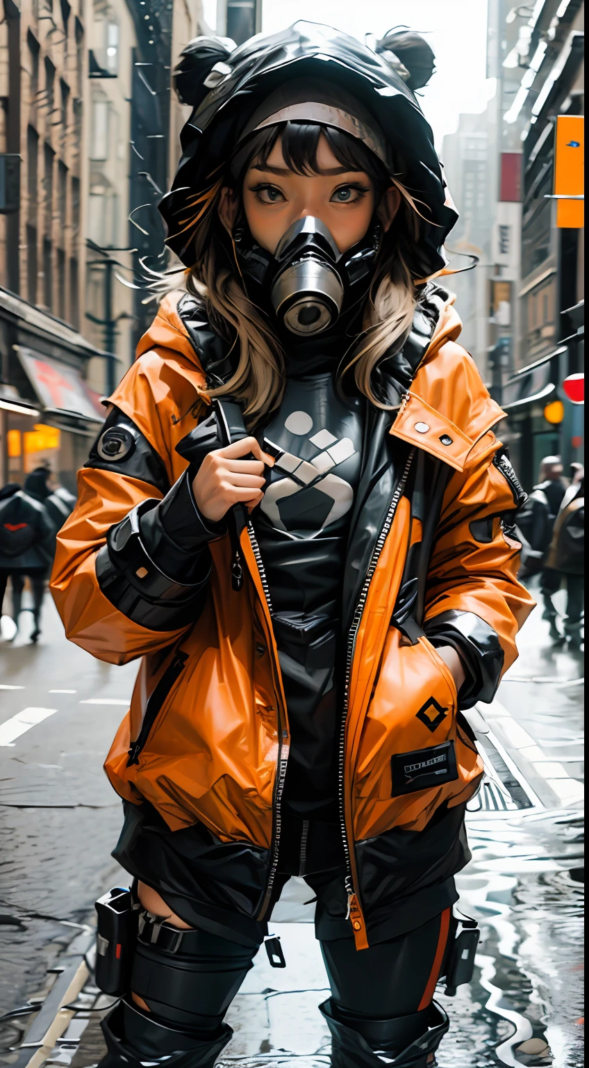 Ultra wide photo(1punk girl with gasmask)with adidas coat and hood