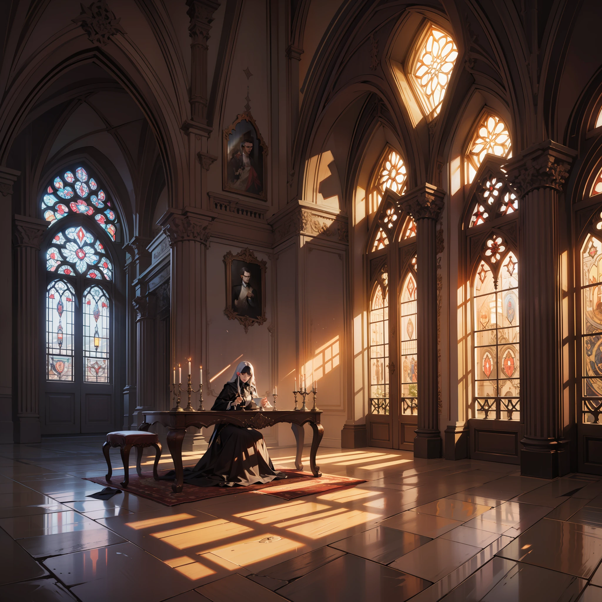 Melhor qualidade, detalhado,8k, obra de arte, Interior Gothic castle, lounge, mesa de jantar, shining, imponente, pedra cinza, detalhado, piso de madeira escura, sun sunset, Sunset light I understand through the windows, janelas imponentes pontiagudas, gothic architecture, mesa de jantar grande madeira escura, banquete para dois, dois pratos na mesa, madeiras medievais de madeira, luz de velas, lar do vampiro, candelabro elegante, tema escuro, arte na parede, camera away, olhar amplo, cinematic, cold lighting, paredes de pedra cinza medieval, arte, comidas variadas, vinho, mesa longa, palace