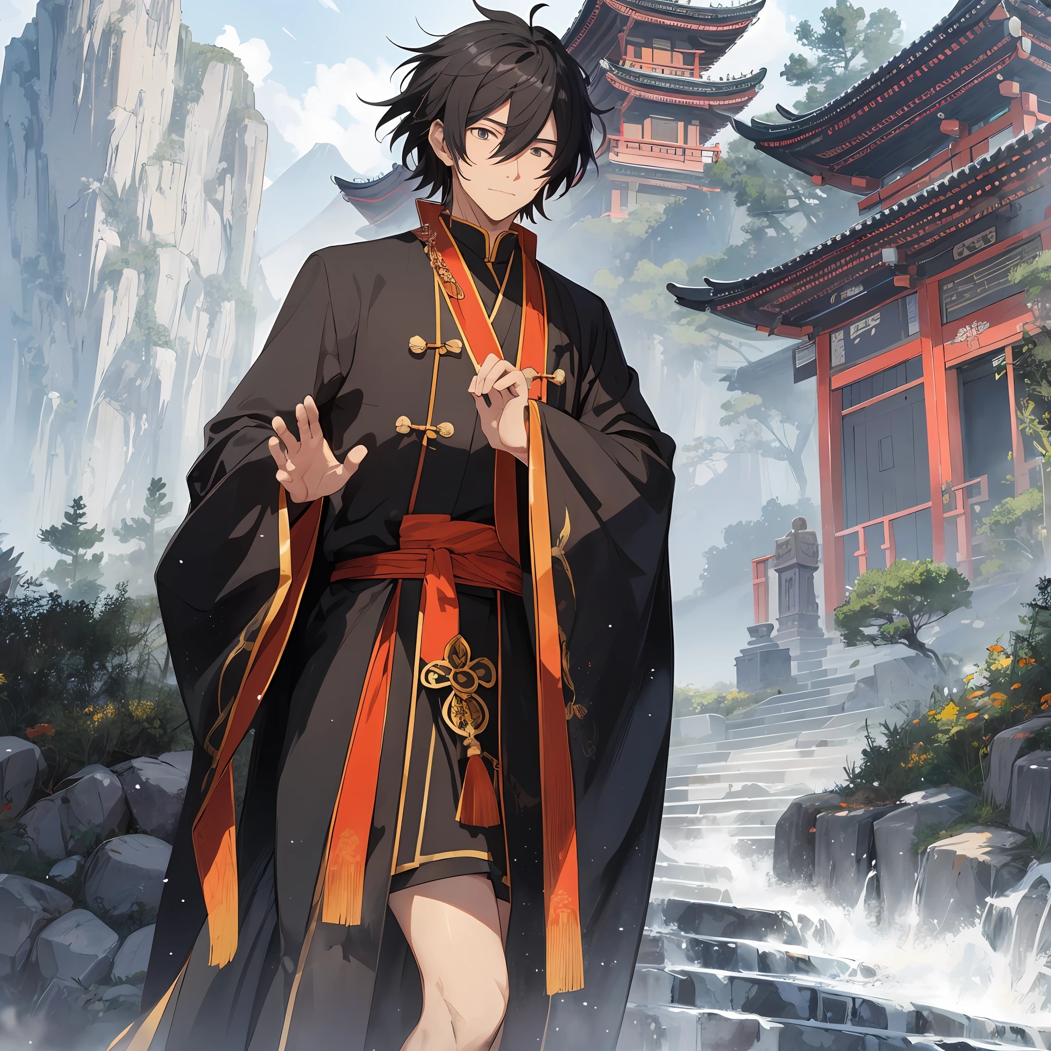 A handsome Taoist priest, black Taoist robe, was driven down the mountain, with a helpless expression, and a Taoist temple in the background