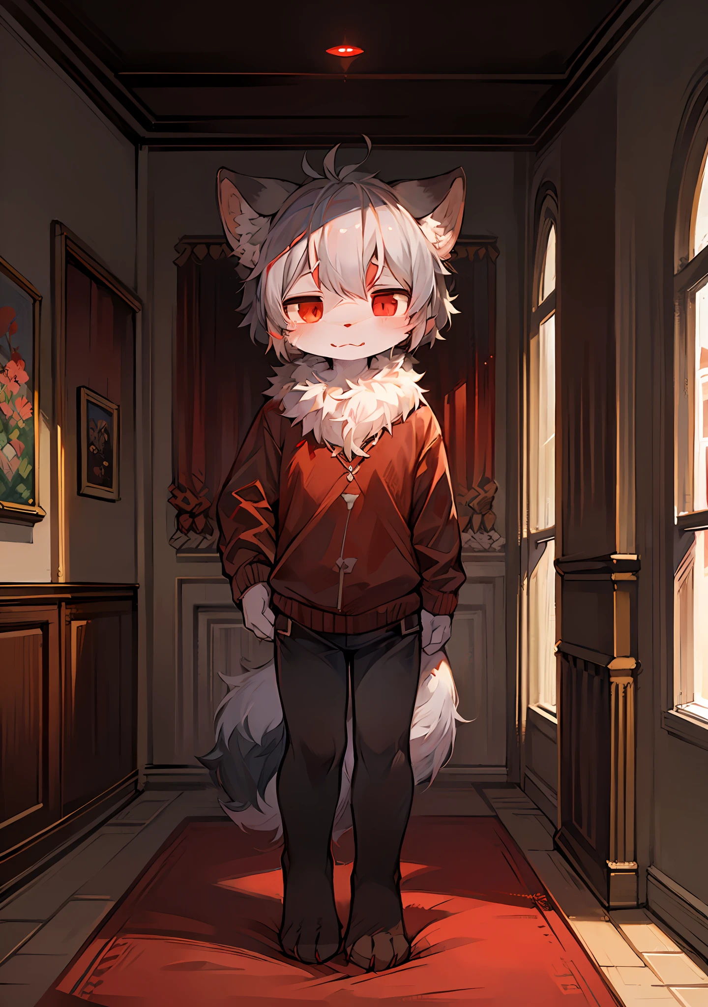 (dark ambient:0.8),masterpiece,high quality,abstract res,digital painting\(artwork\), by dagasi, yupa,kiyosan,(anthro,fluffy fur,character focus:1.1),anthro male cat,short hair,portrait , eyes with brightness, Panoramic View, Character focus.(detailed backgrounds:0.7), solo, shaggy, wolves，Hairy Male, Male focus, anthr,(Full Body Fur, Fluffy tail, white fur, red eyes, Gray hair:1.2), (long canids、：1.2），（interiors、night、castle、：1.1）
