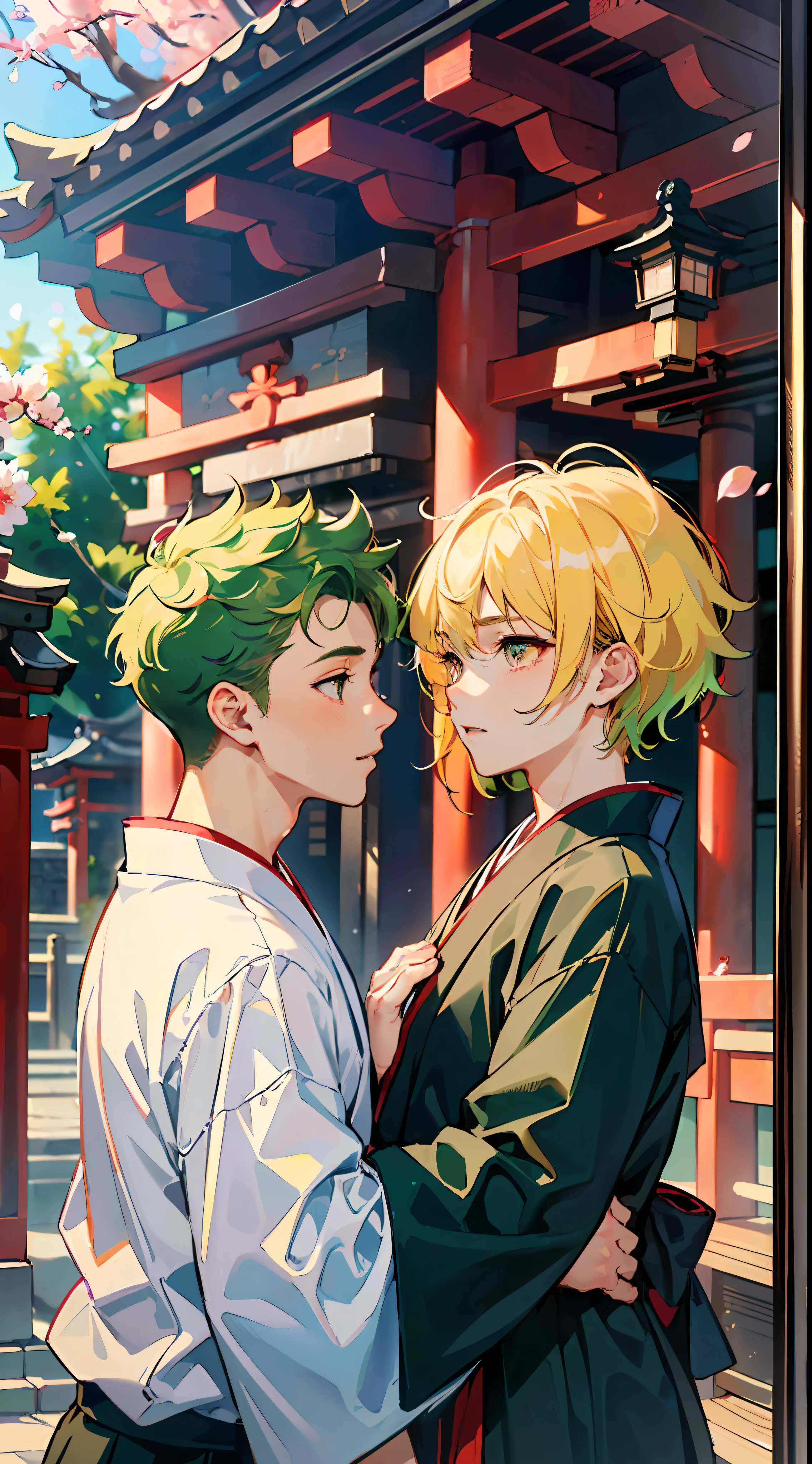 (Representative work:1.4、best qualit、8k)、(Gay couple facing each other:1.5)、(cool boy、Black hakama with blonde spiked hair and red eyes:1.1)、(Cute little boy、Short green hair and big eyes white:1.2)、(japanese shrine:1.3)、Cherry Blossoms。