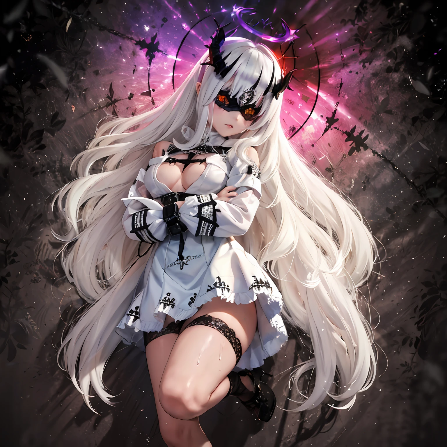 masterpiece, best quality, ultra-detailed, backlighting, 1girl wearing a halo mask, (from below), full body, standing, floating, very long hair, disheveled hair, wet hair, demon horns, (white hair), expressionless, white gothic dress, lace trim, small breasts, paradise, black vortex in the background, surrounded by feathers, rainbow, on the cloud, StraitJacket, horror